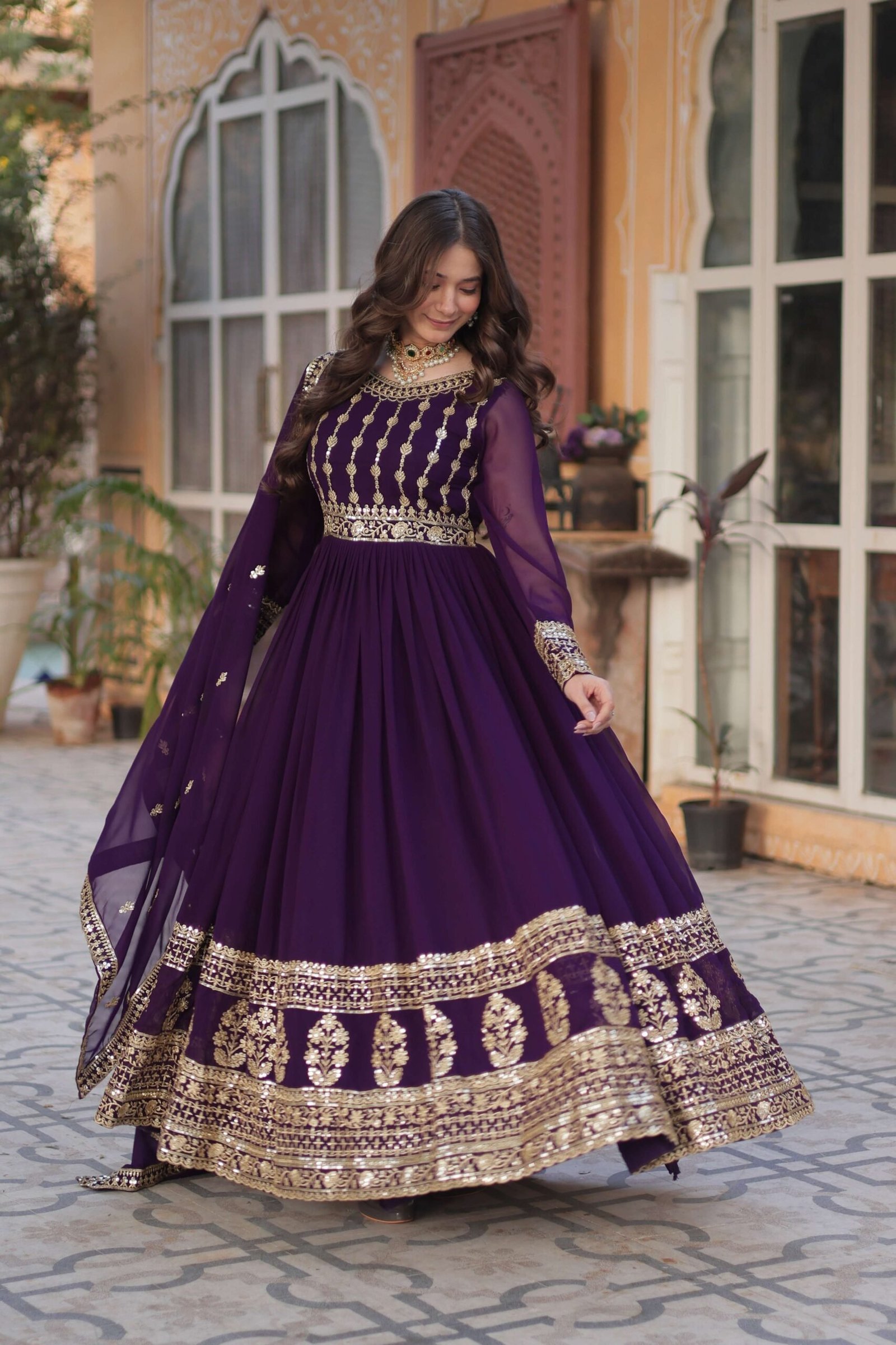 Purple Faux Blooming Gown with Zari & Sequins Embroidered Dupatta with Designer Lace Border