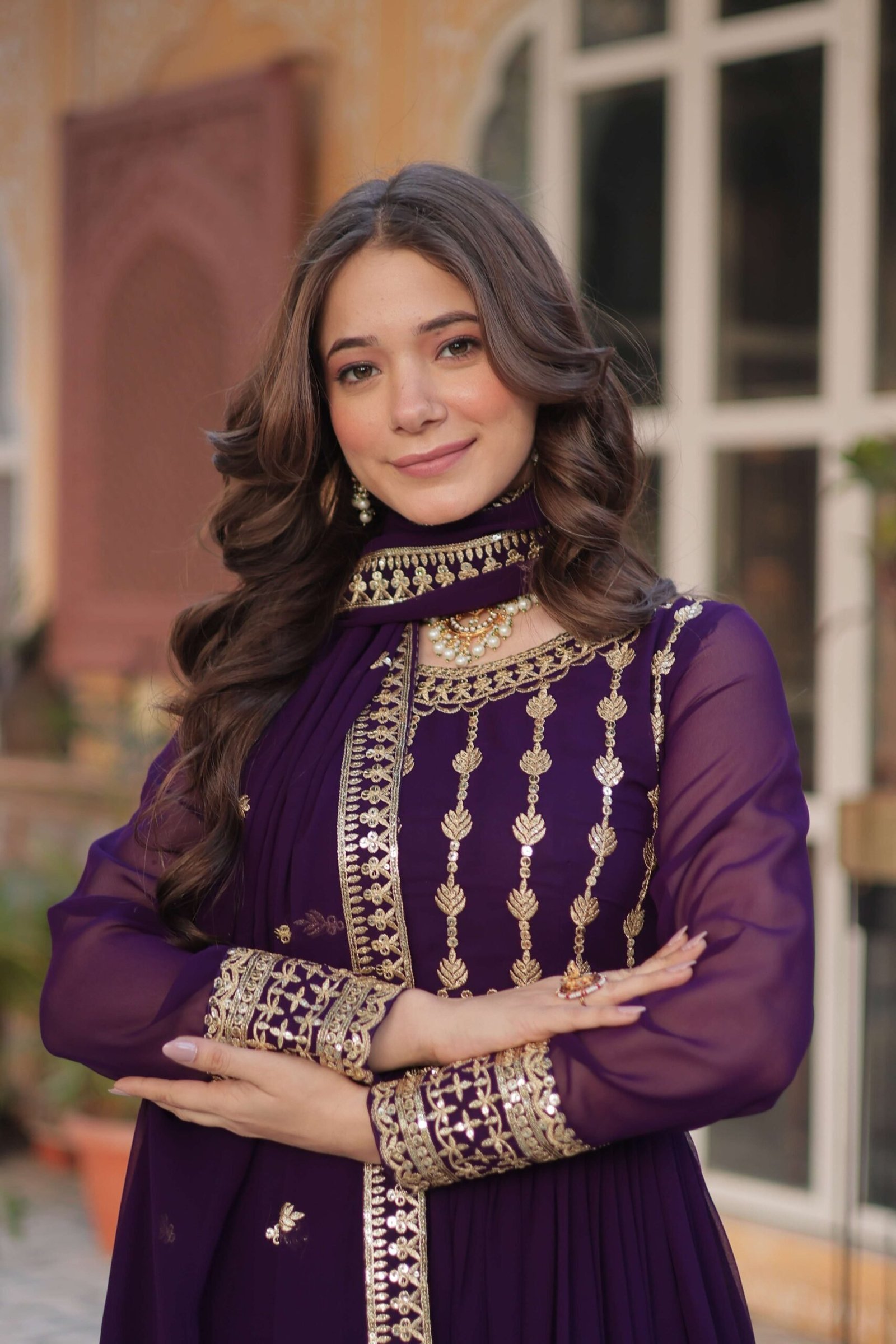 Purple Faux Blooming Gown with Zari & Sequins Embroidered Dupatta with Designer Lace Border
