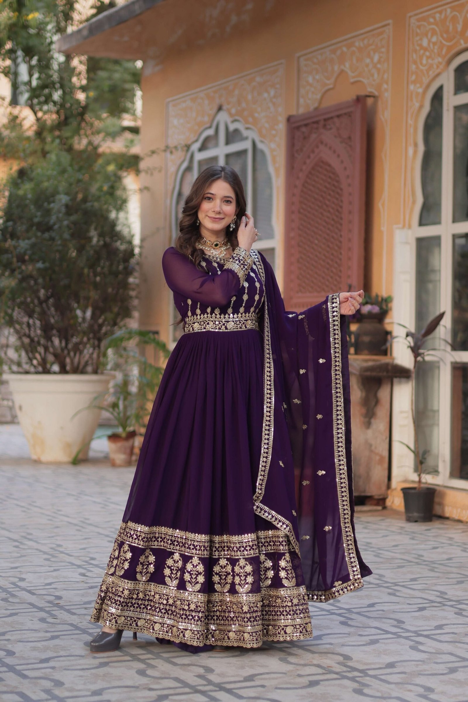 Purple Faux Blooming Gown with Zari & Sequins Embroidered Dupatta with Designer Lace Border