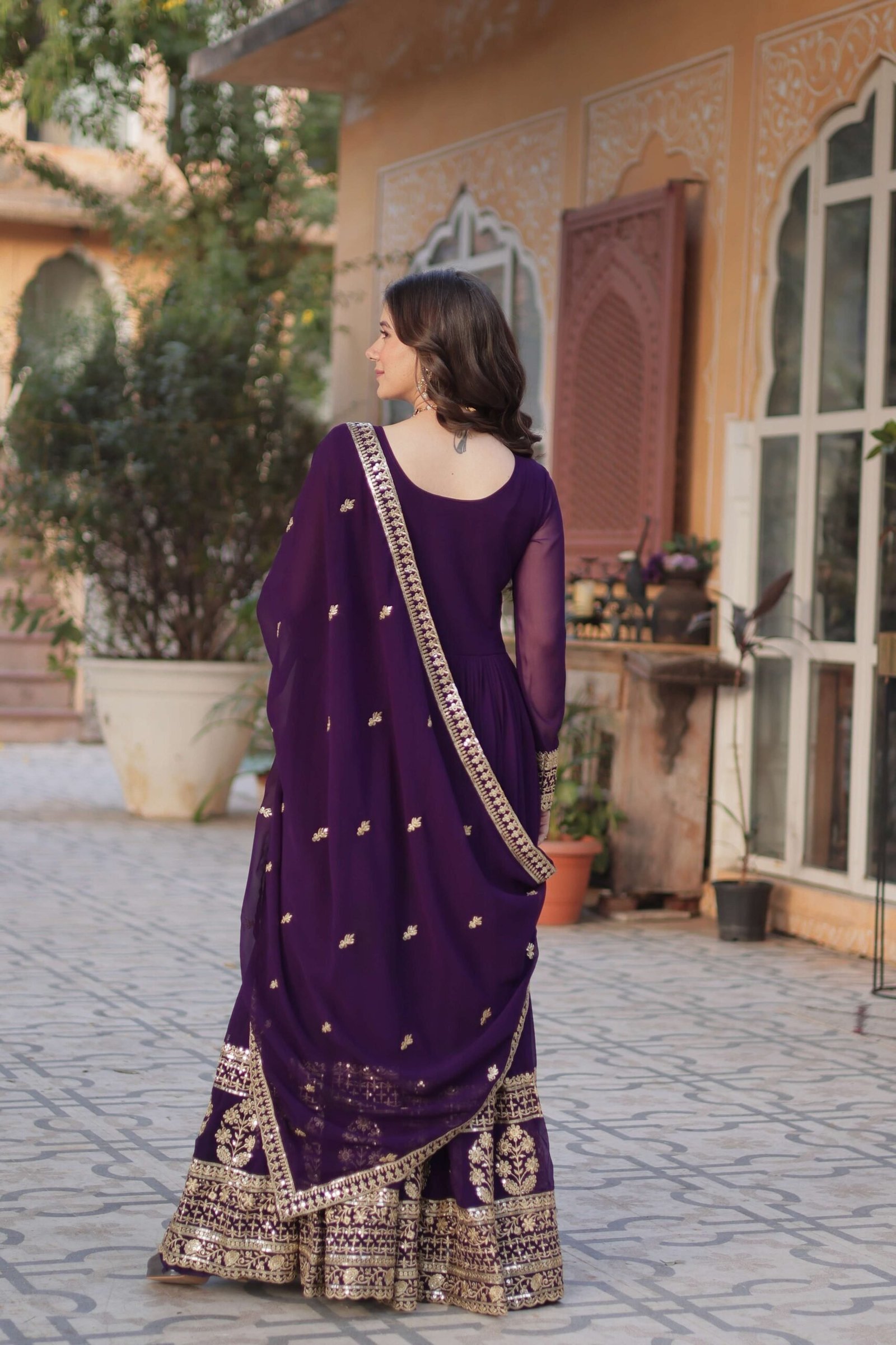 Purple Faux Blooming Gown with Zari & Sequins Embroidered Dupatta with Designer Lace Border