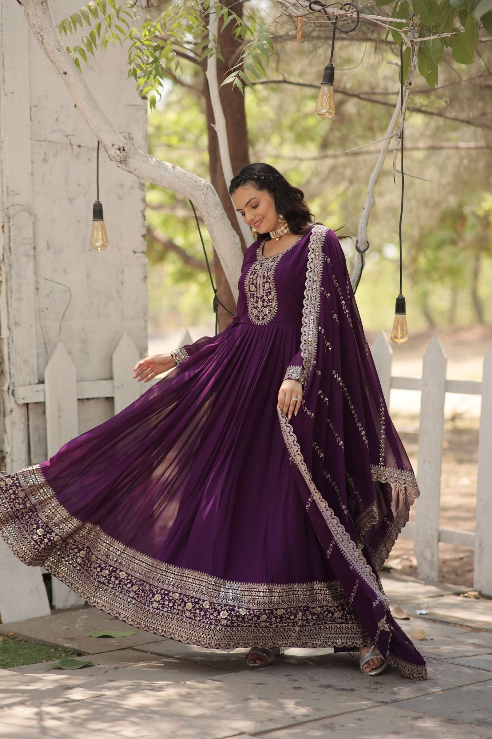 Purple Faux Blooming Sequins Embroidered Gown with Matching Dupatta ? Festive & Party Wear 2024