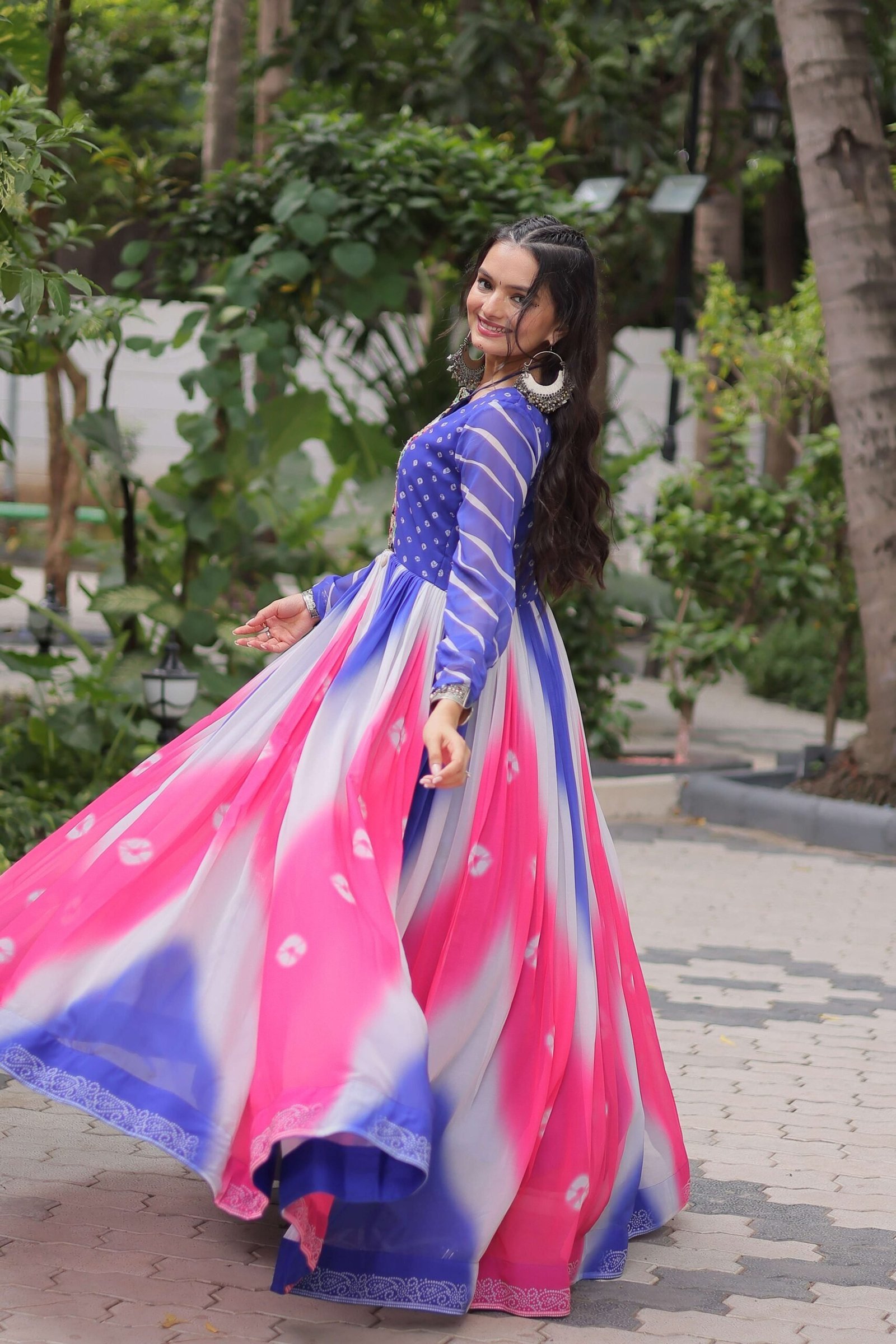 Purple Faux Georgette Bandhej Navratri Gown with Gamthi Embroidery & Mirror Work ? Elegant Ethnic Wear for Women