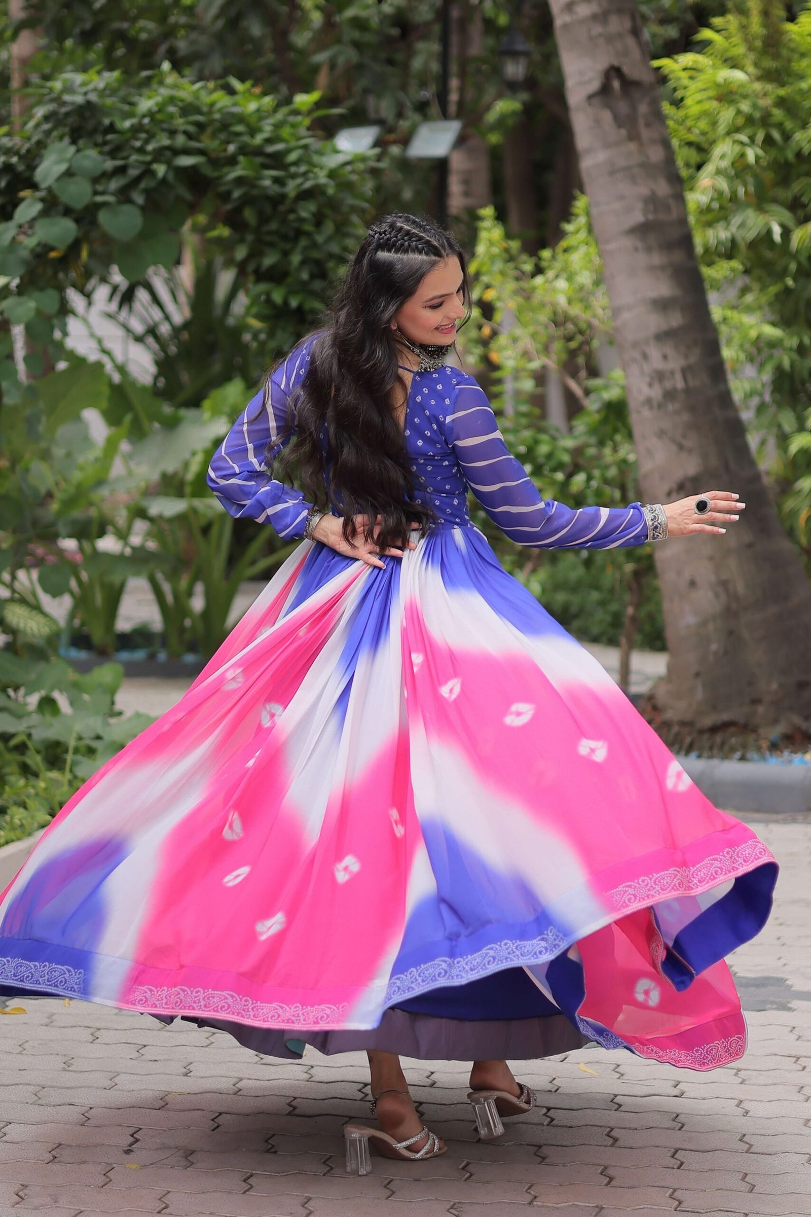Purple Faux Georgette Bandhej Navratri Gown with Gamthi Embroidery & Mirror Work ? Elegant Ethnic Wear for Women