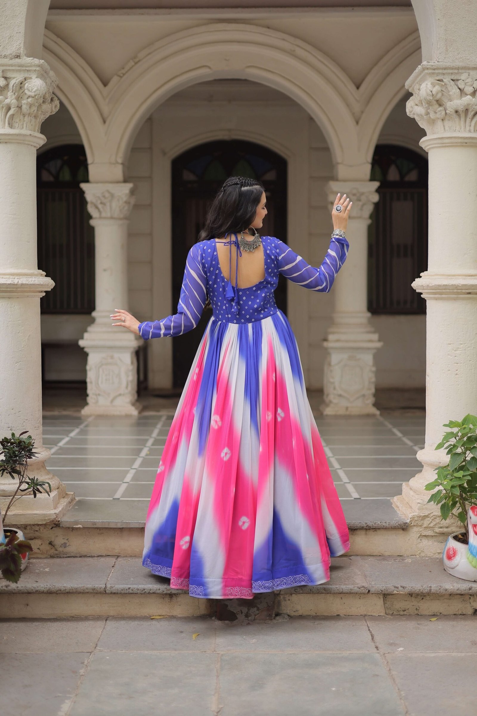 Purple Faux Georgette Bandhej Navratri Gown with Gamthi Embroidery & Mirror Work ? Elegant Ethnic Wear for Women