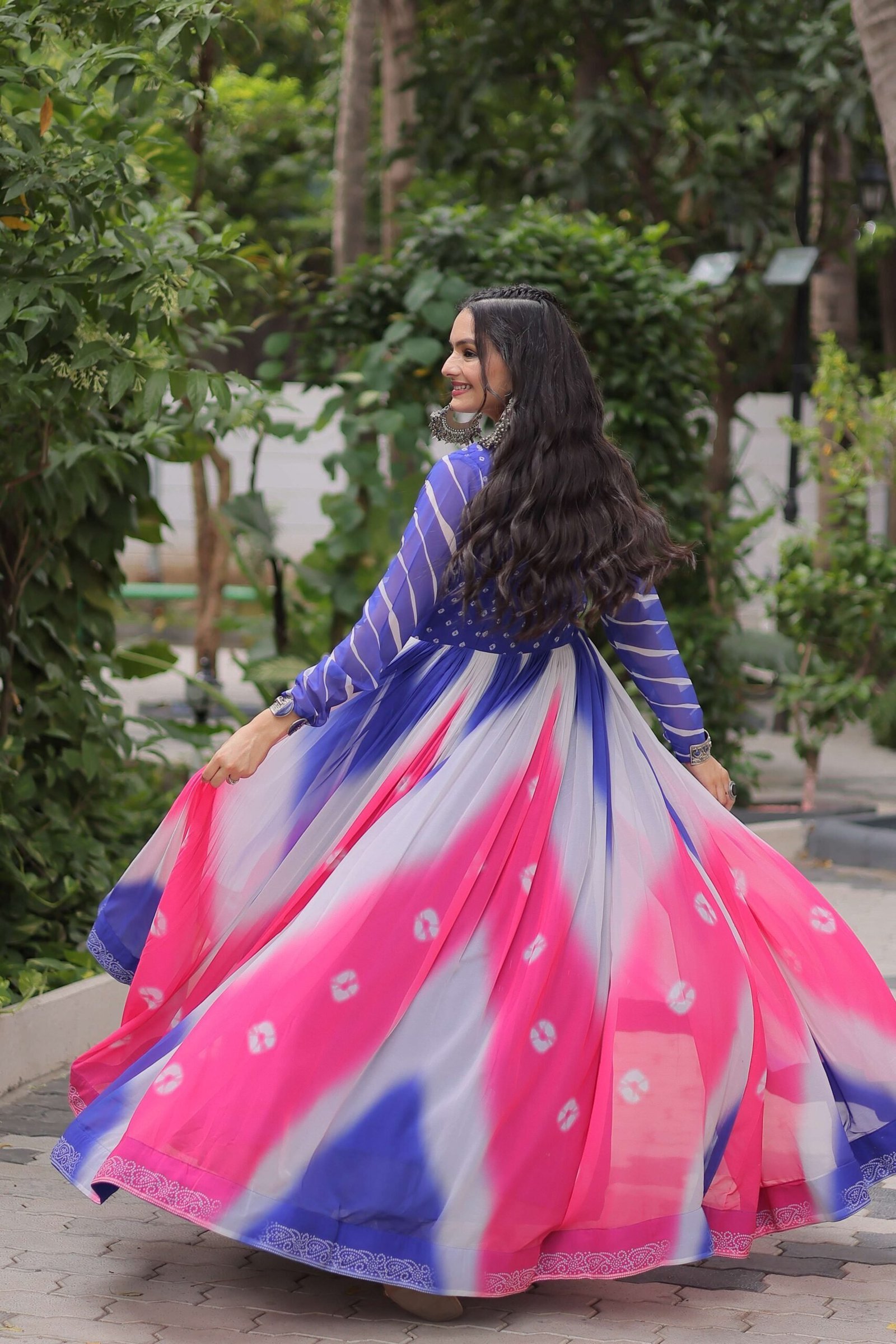 Purple Faux Georgette Bandhej Navratri Gown with Gamthi Embroidery & Mirror Work ? Elegant Ethnic Wear for Women