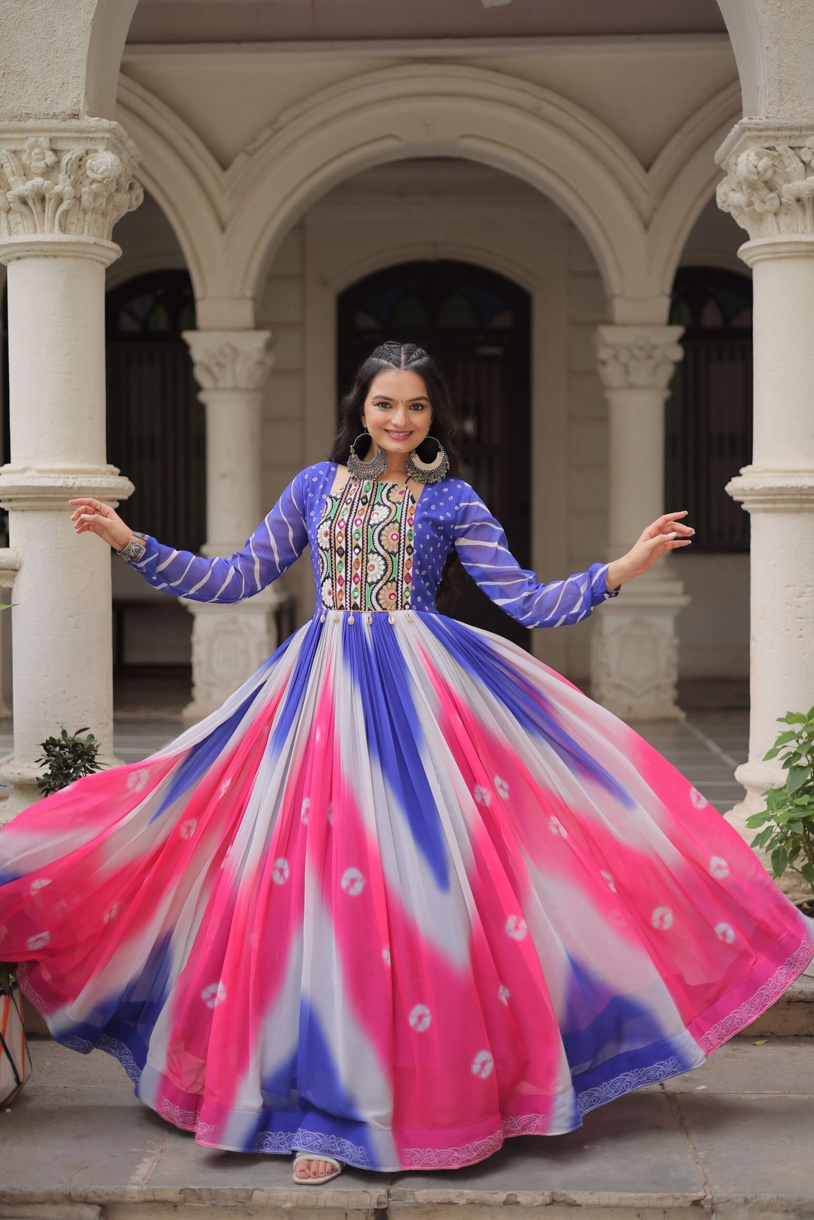 Purple Faux Georgette Bandhej Navratri Gown with Gamthi Embroidery & Mirror Work ? Elegant Ethnic Wear for Women