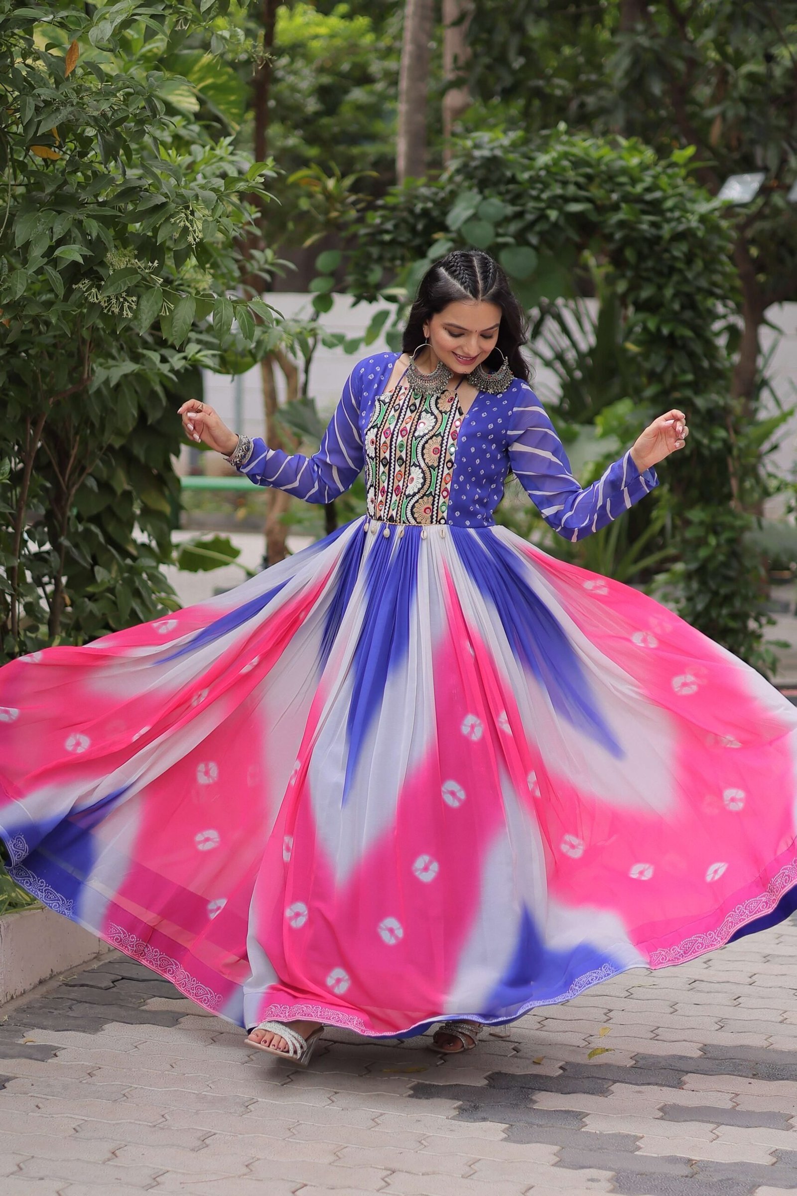 Purple Faux Georgette Bandhej Navratri Gown with Gamthi Embroidery & Mirror Work ? Elegant Ethnic Wear for Women
