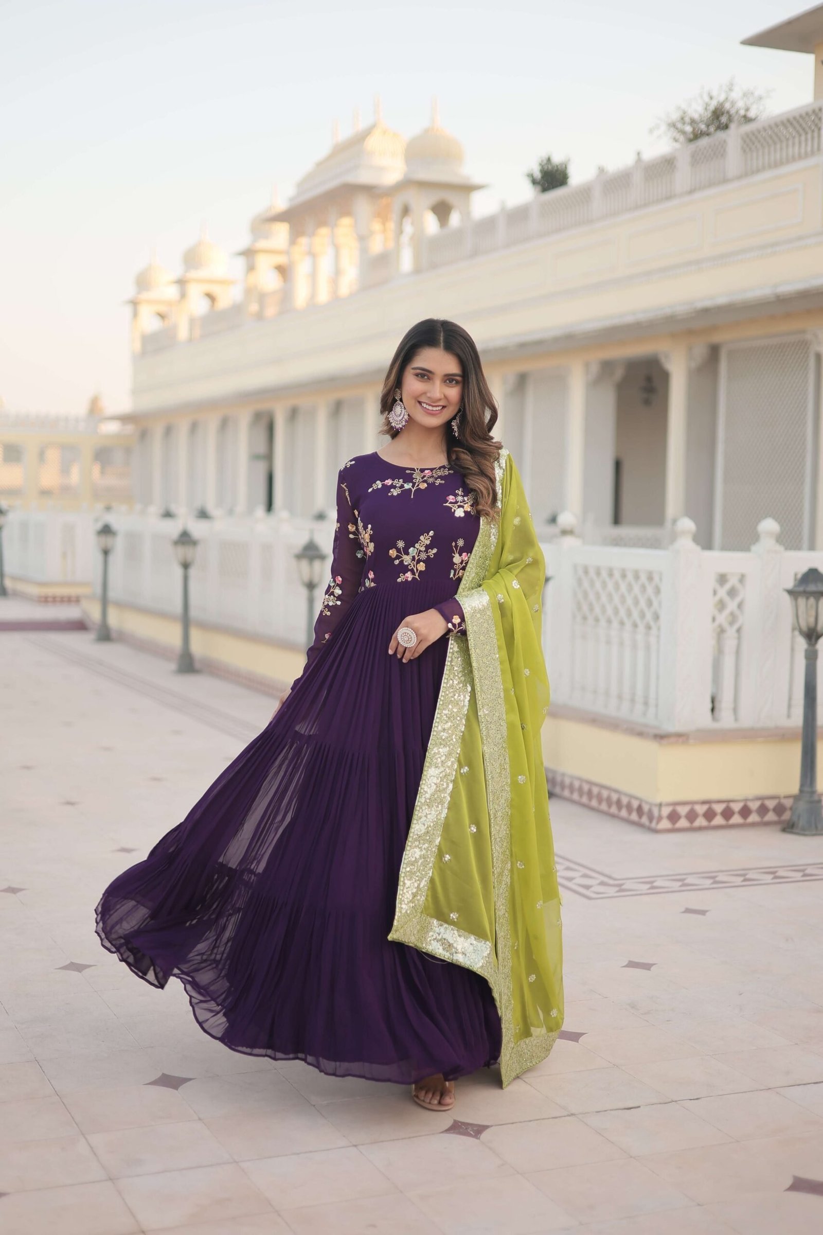 Purple Faux Georgette Designer Gown with Russian Silk Sequined Dupatta ? Elegant Fully Flared Party & Wedding Set