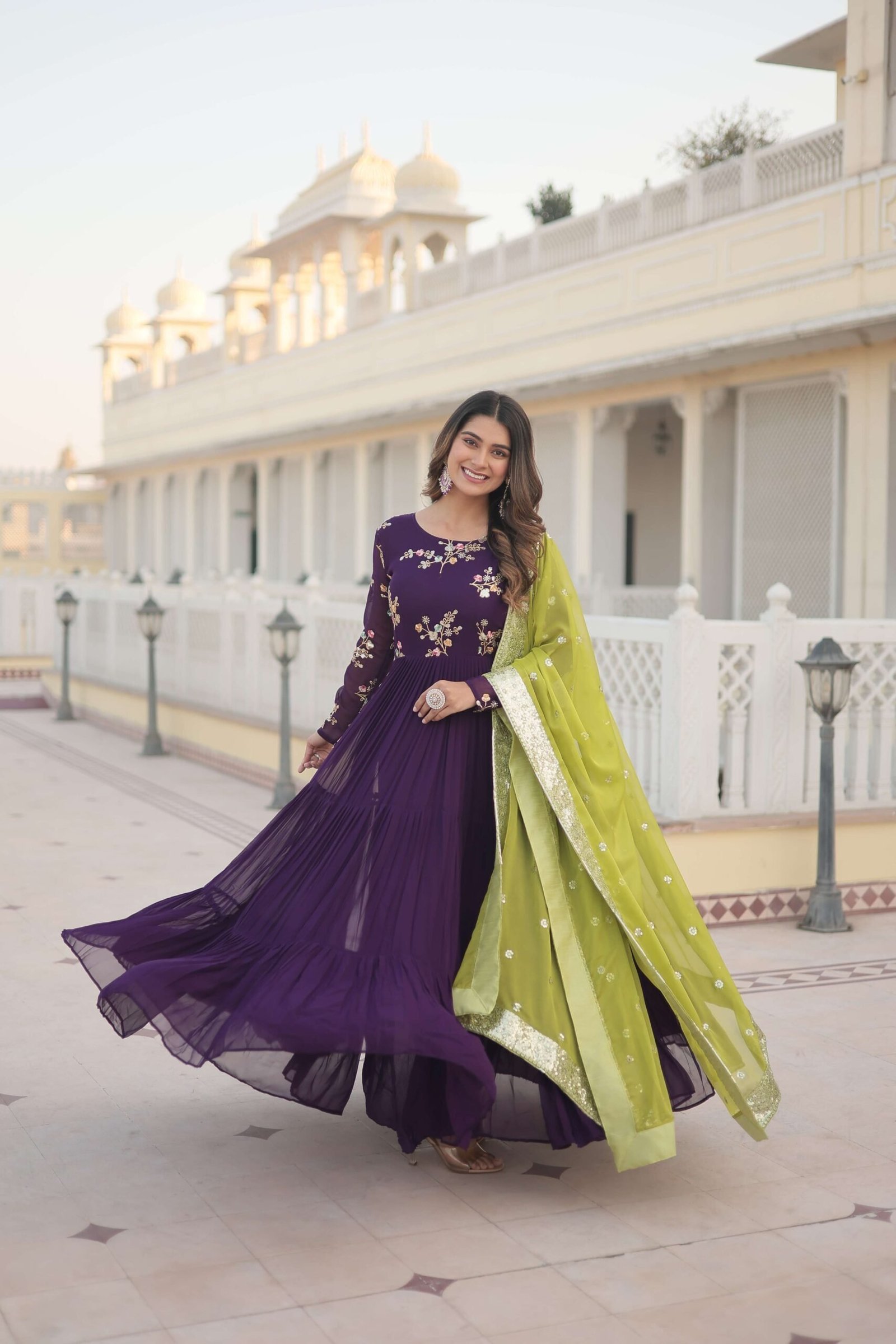Purple Faux Georgette Designer Gown with Russian Silk Sequined Dupatta ? Elegant Fully Flared Party & Wedding Set