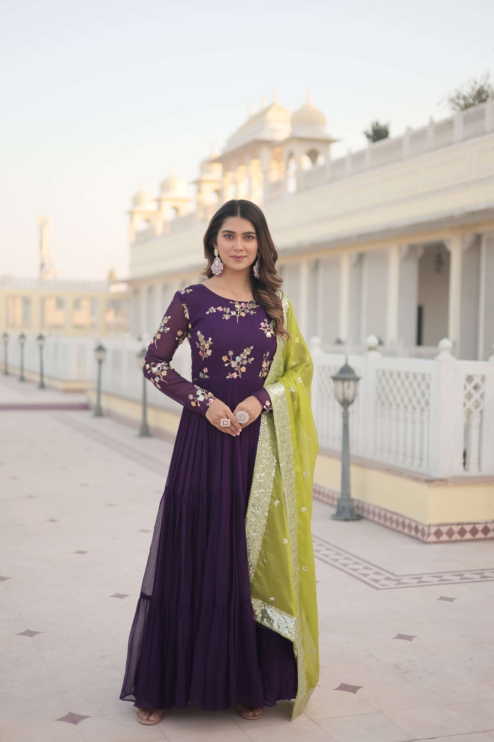 Purple Faux Georgette Designer Gown with Russian Silk Sequined Dupatta ? Elegant Fully Flared Party & Wedding Set