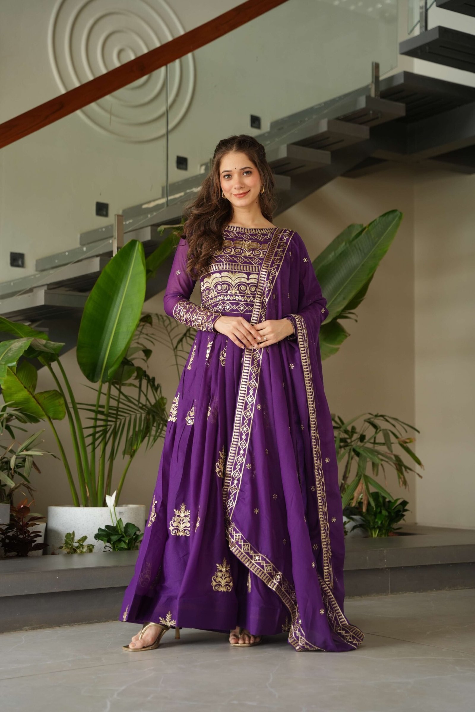 Purple Premium Chinnon Gown with Dupatta ? Sequins & Embroidery Work