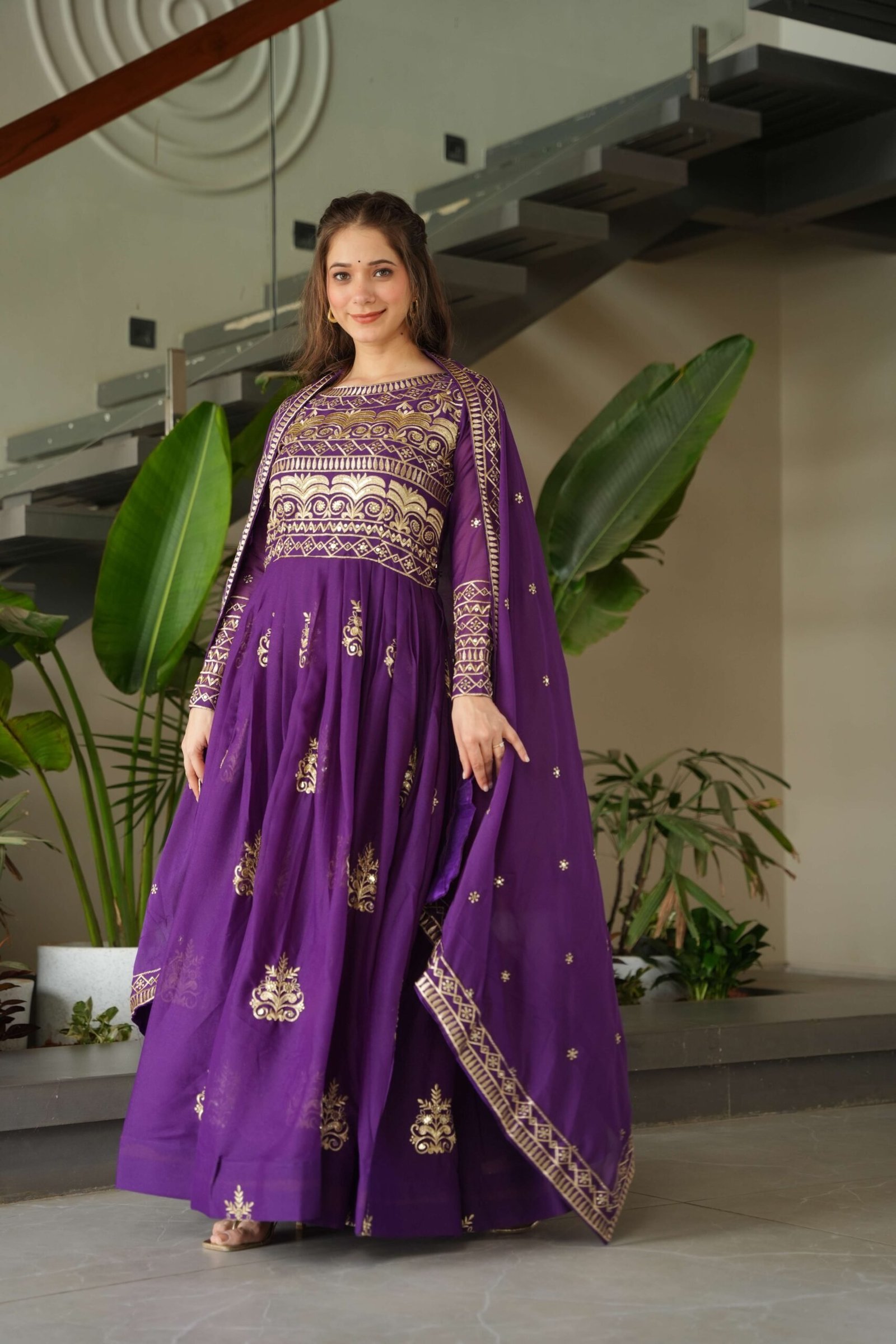 Purple Premium Chinnon Gown with Dupatta ? Sequins & Embroidery Work