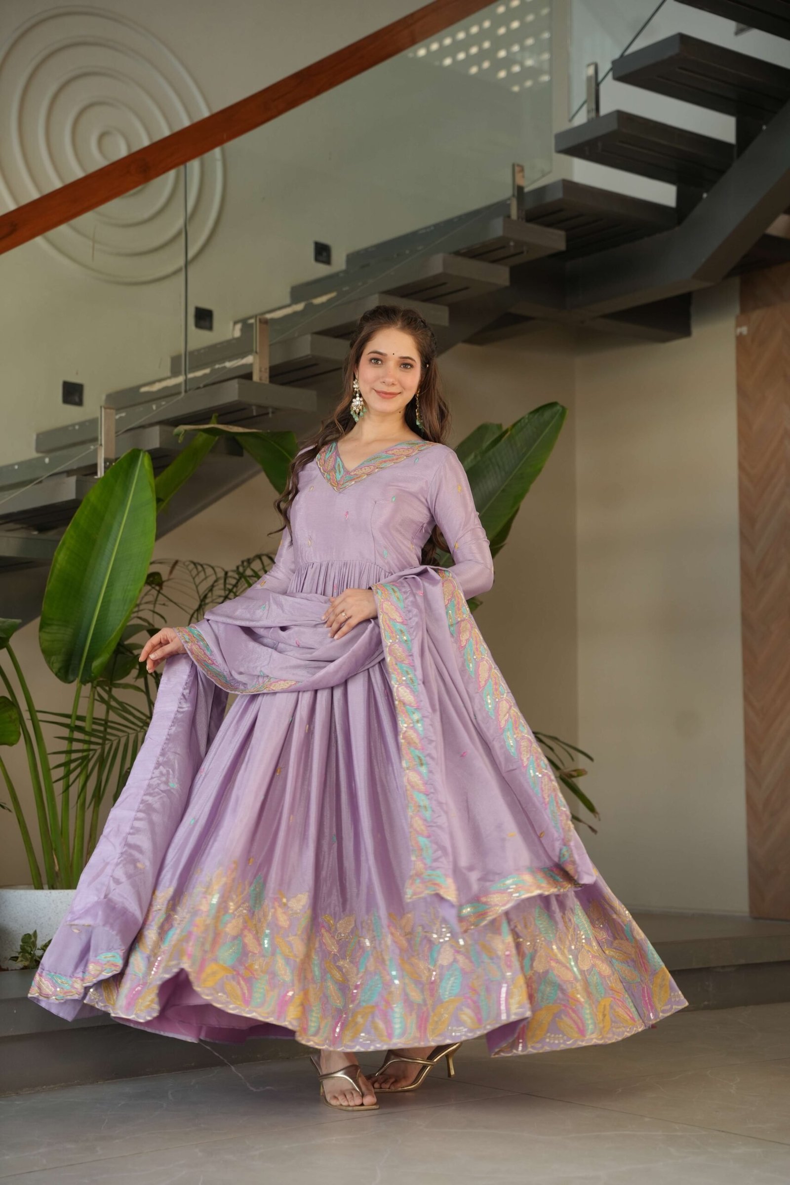 Purple Premium Chinnon Gown with Dupatta ? Sequins & Multi-Thread Embroidered Work