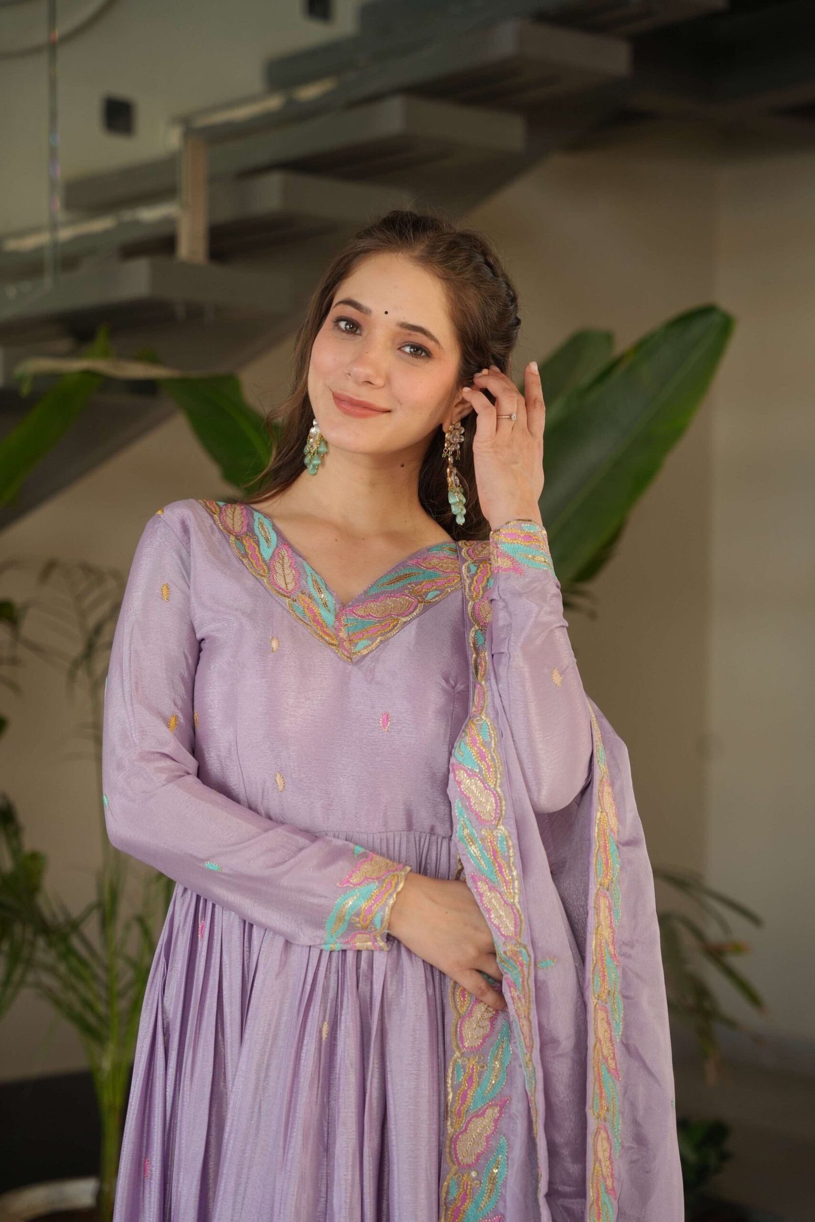 Purple Premium Chinnon Gown with Dupatta ? Sequins & Multi-Thread Embroidered Work
