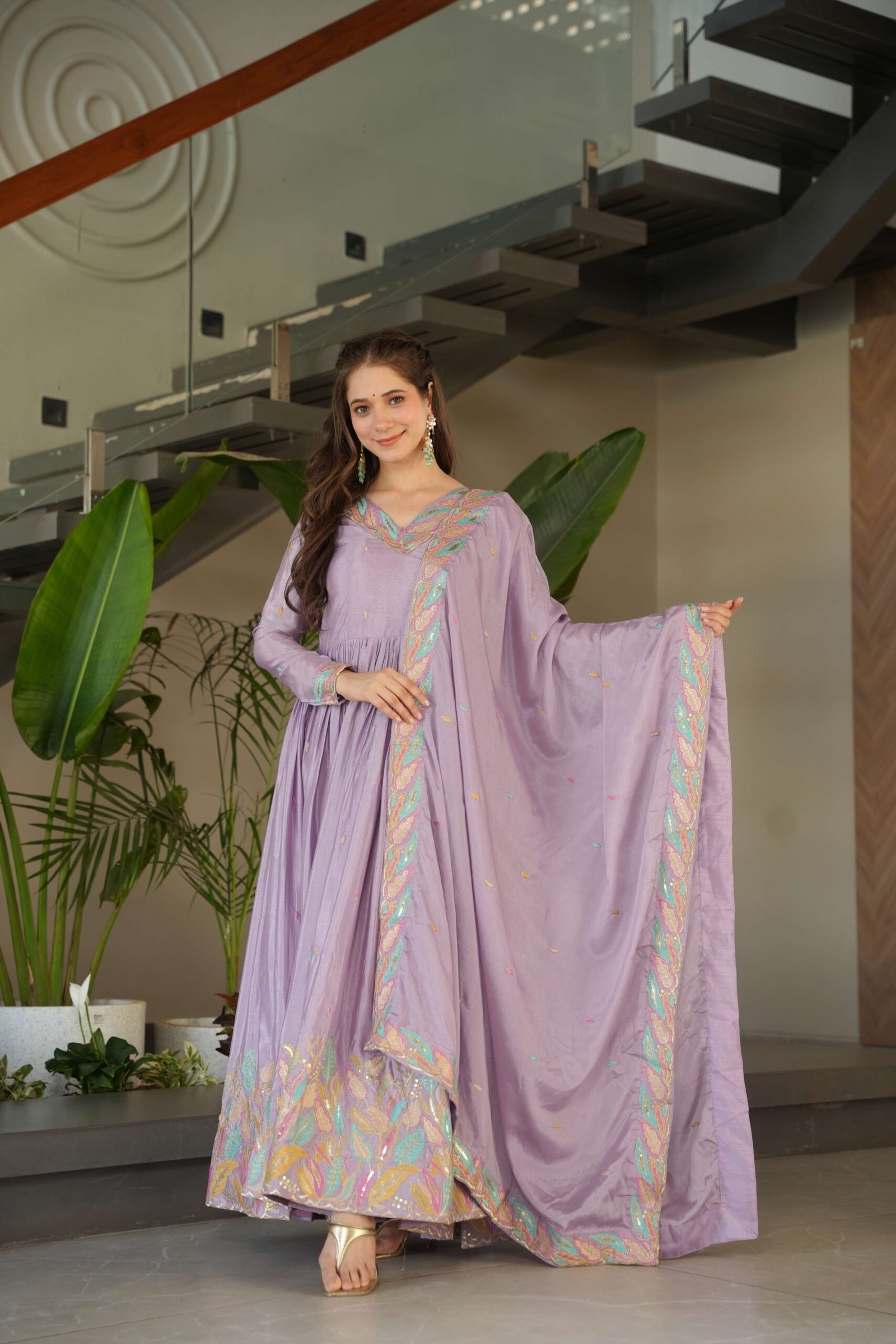 Purple Premium Chinnon Gown with Dupatta ? Sequins & Multi-Thread Embroidered Work