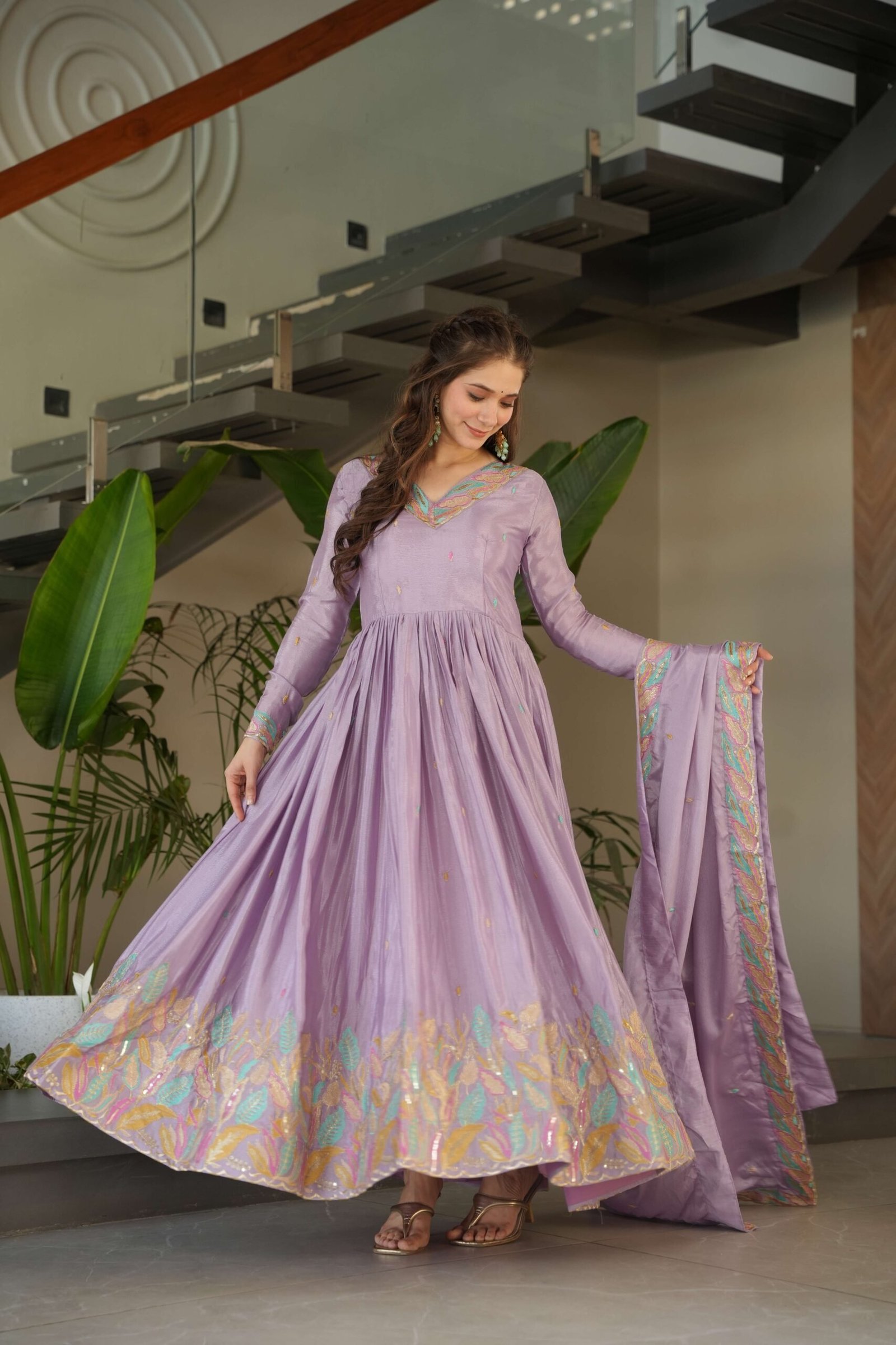 Purple Premium Chinnon Gown with Dupatta ? Sequins & Multi-Thread Embroidered Work