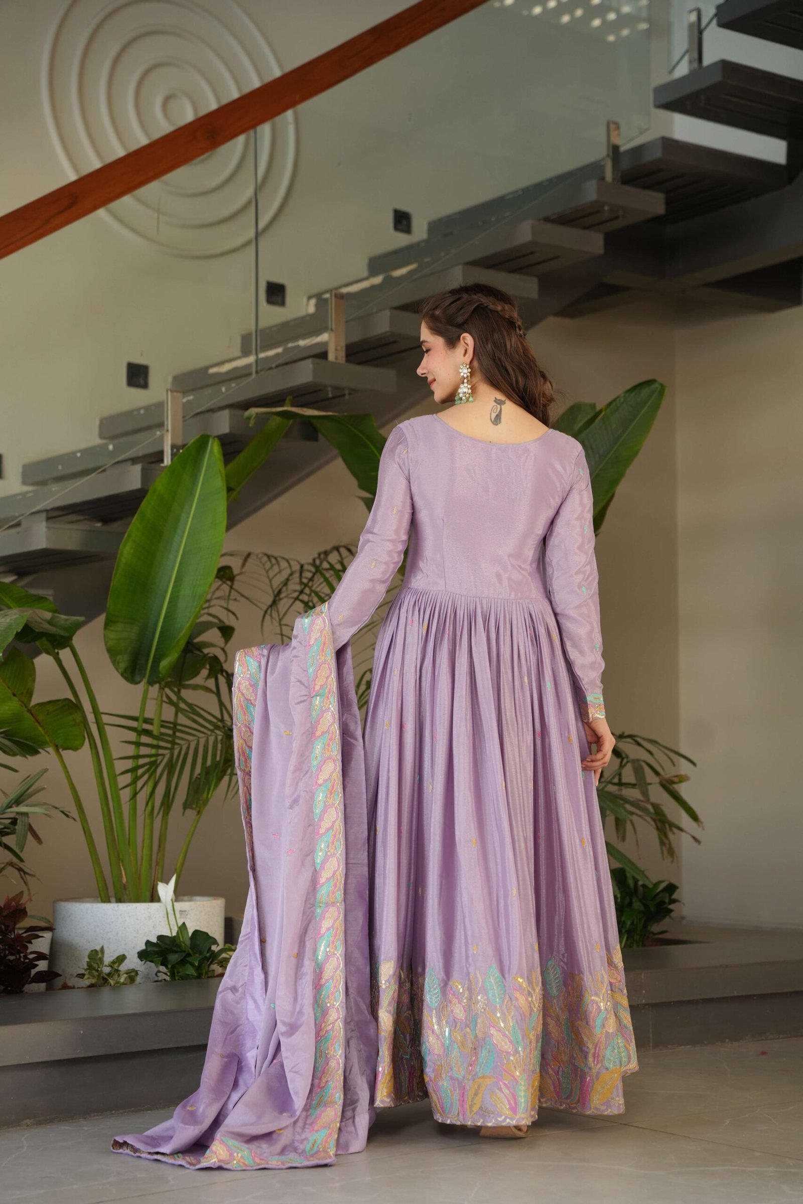 Purple Premium Chinnon Gown with Dupatta ? Sequins & Multi-Thread Embroidered Work