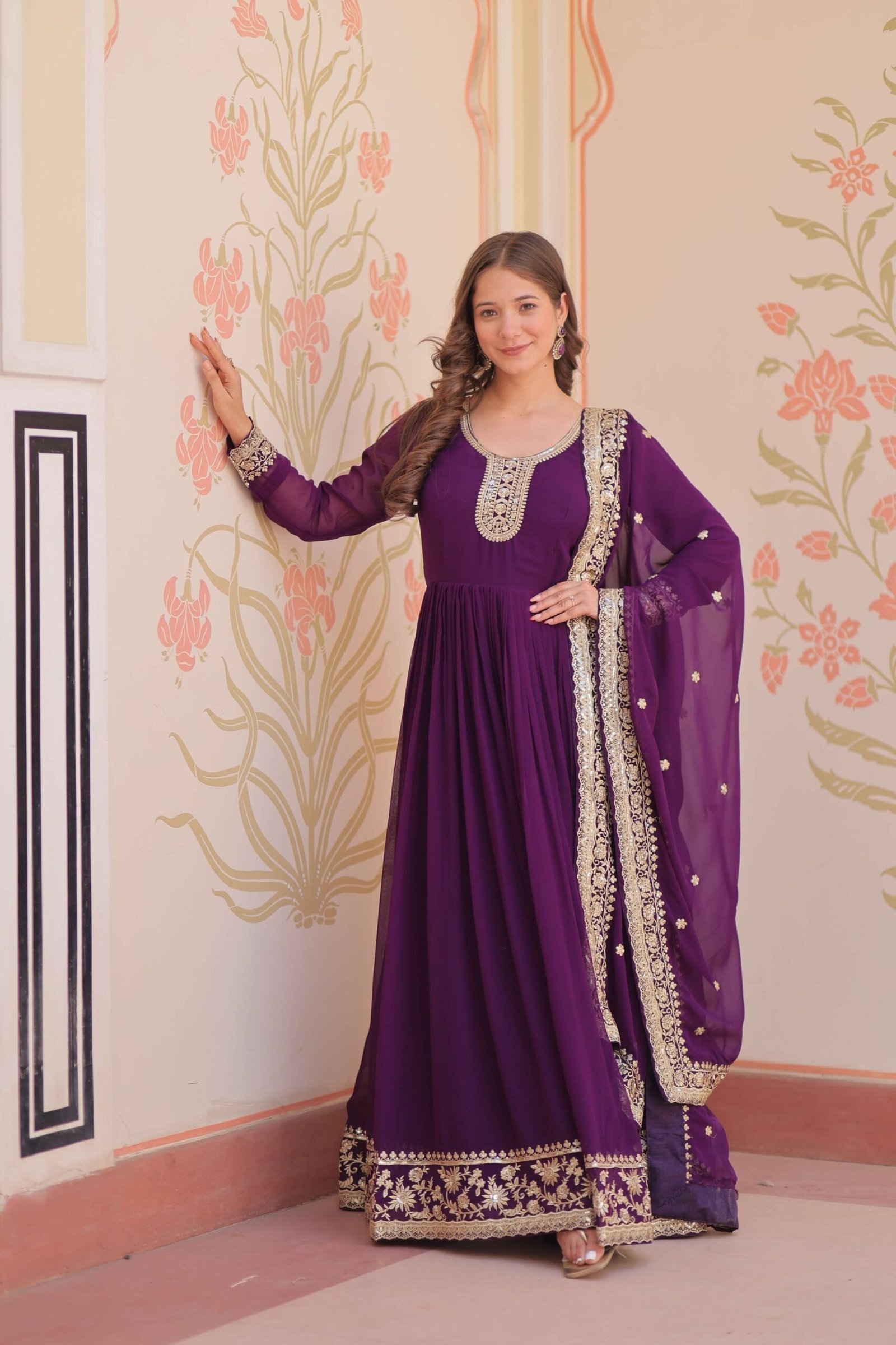 Purple Premium Faux Blooming Gown with Zari & Sequins Embroidered Dupatta ? Designer Collection
