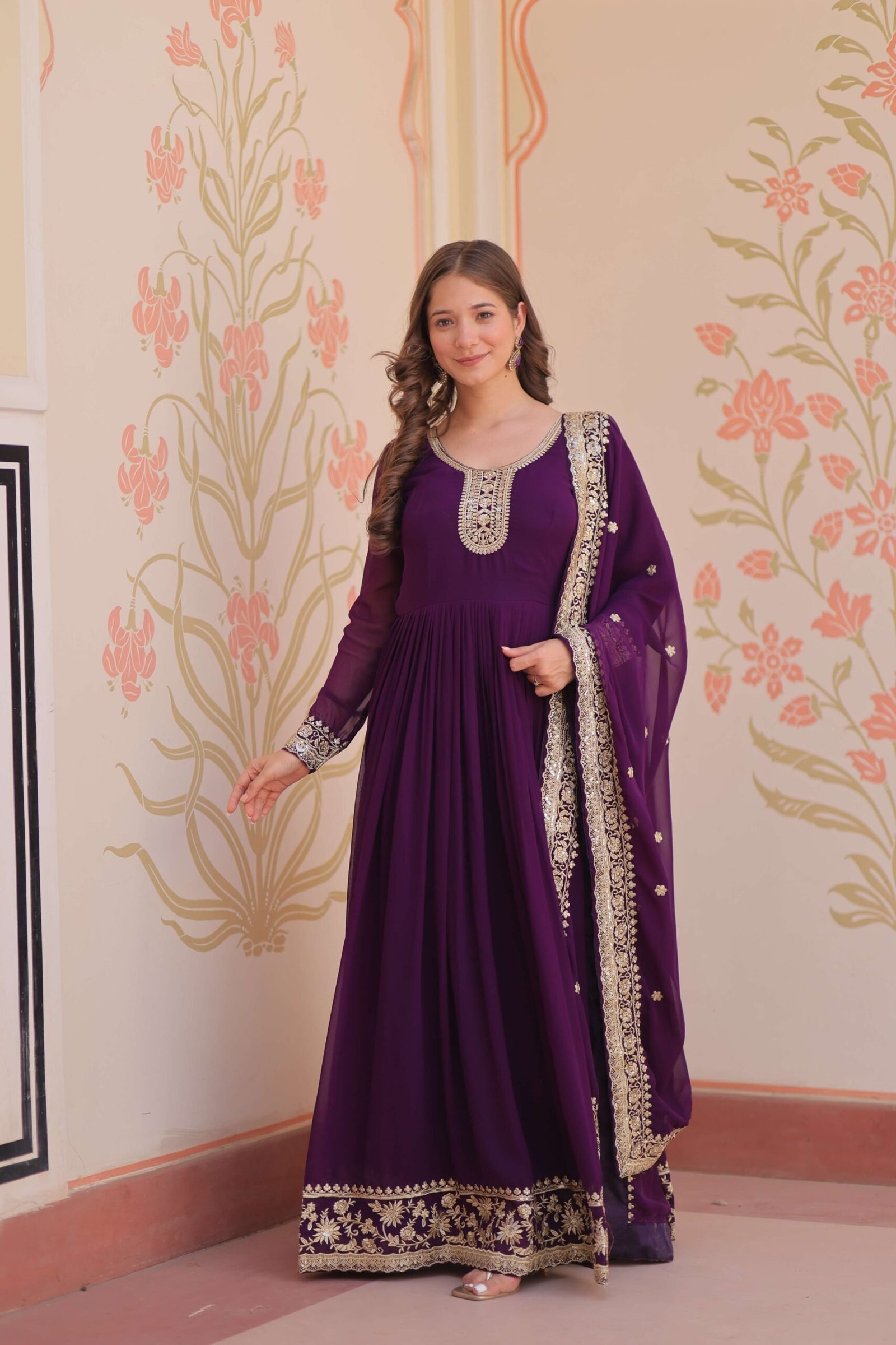 Purple Premium Faux Blooming Gown with Zari & Sequins Embroidered Dupatta ? Designer Collection