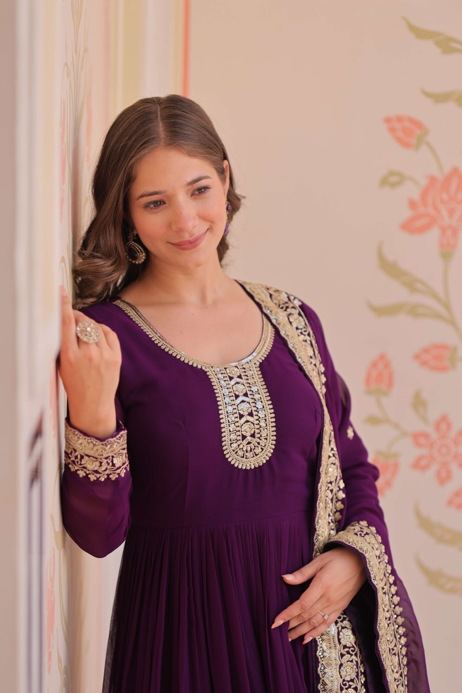 Purple Premium Faux Blooming Gown with Zari & Sequins Embroidered Dupatta ? Designer Collection