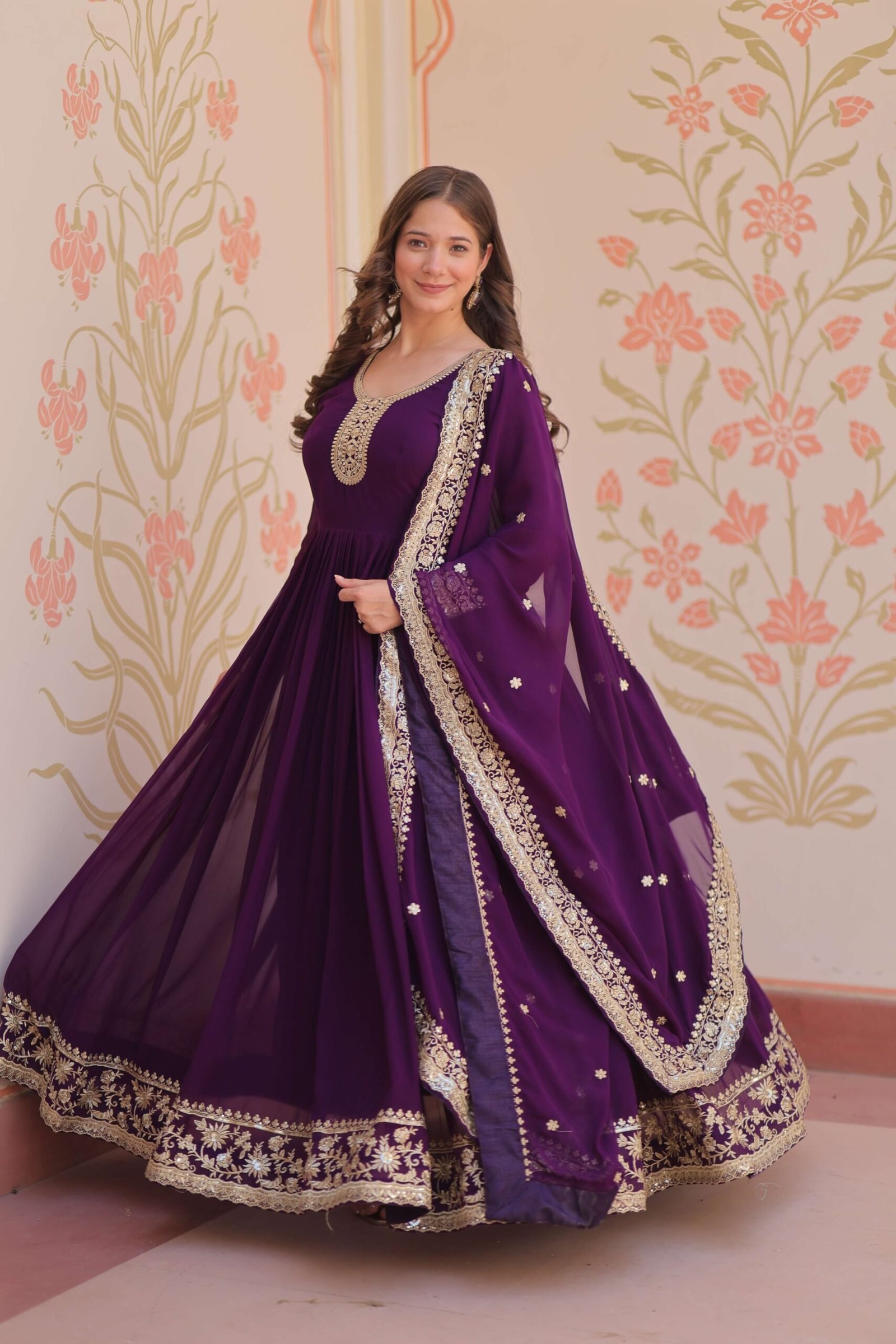 Purple Premium Faux Blooming Gown with Zari & Sequins Embroidered Dupatta ? Designer Collection