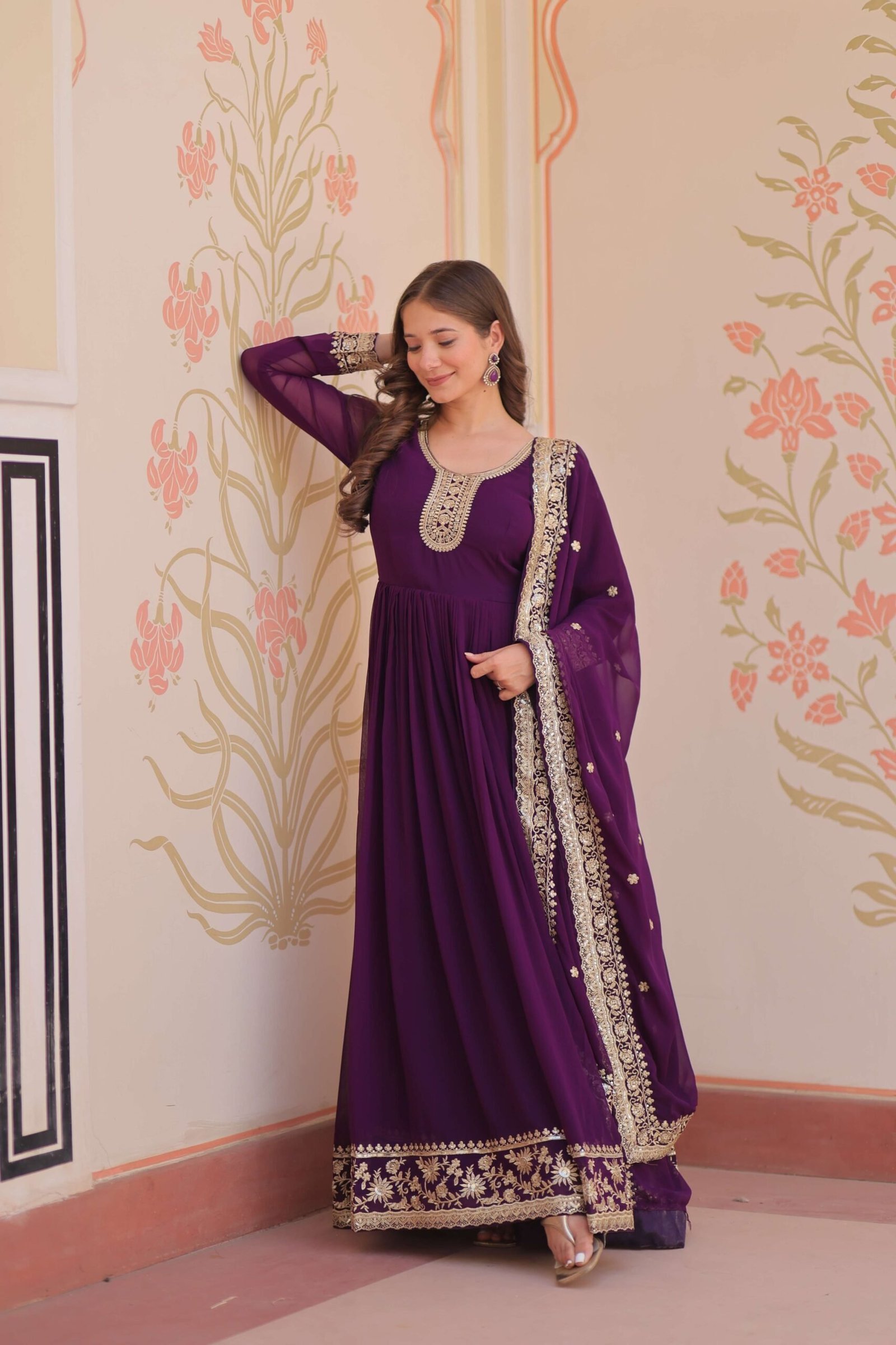 Purple Premium Faux Blooming Gown with Zari & Sequins Embroidered Dupatta ? Designer Collection