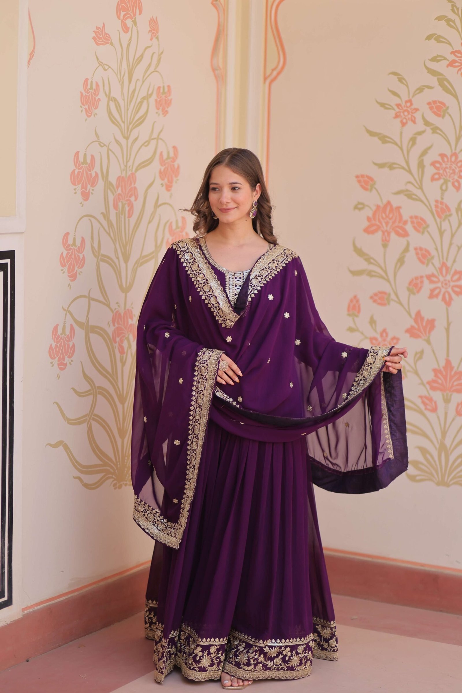 Purple Premium Faux Blooming Gown with Zari & Sequins Embroidered Dupatta ? Designer Collection