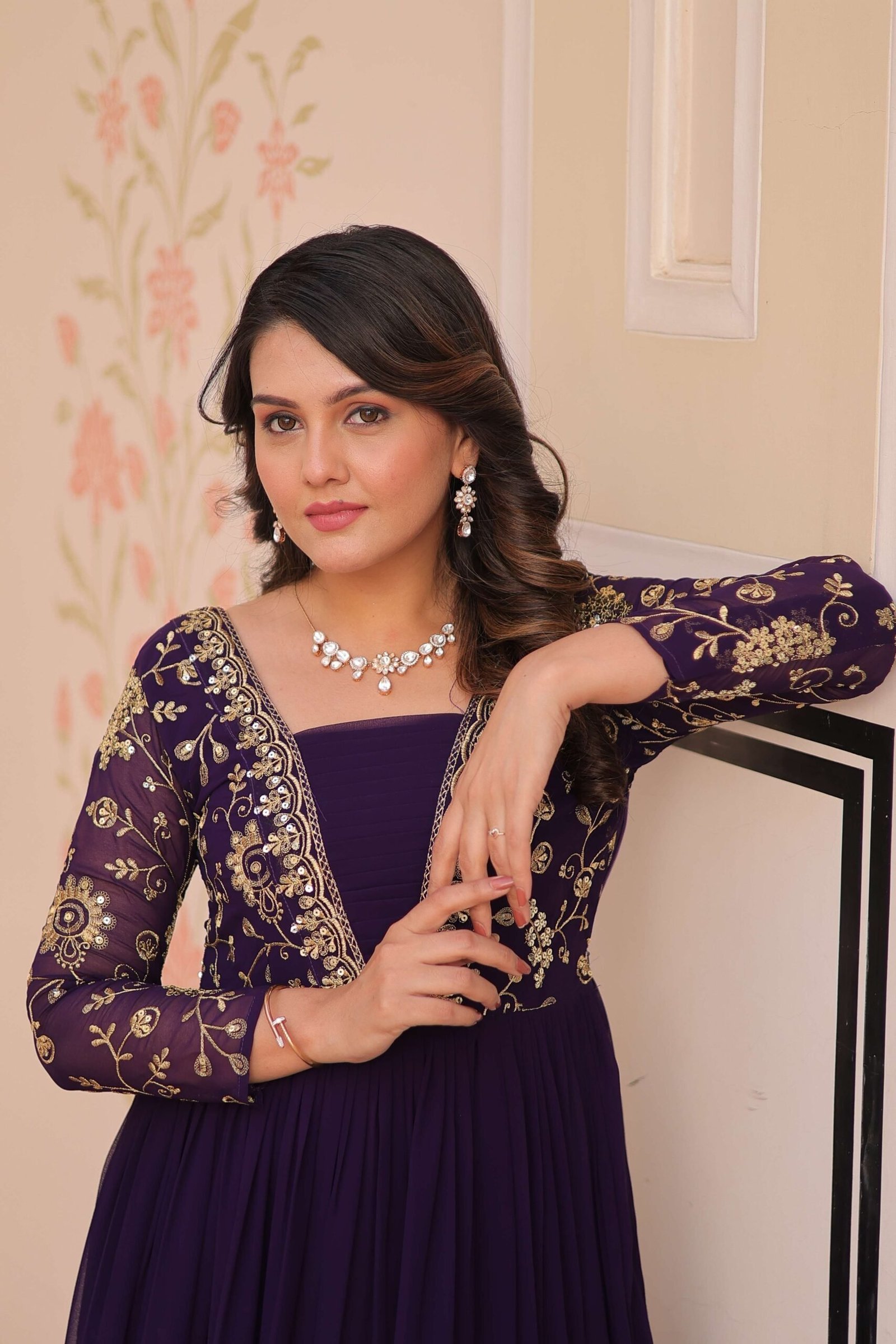 Purple Premium Faux Blooming Sequins & Zari Embroidered Gown ? Partywear