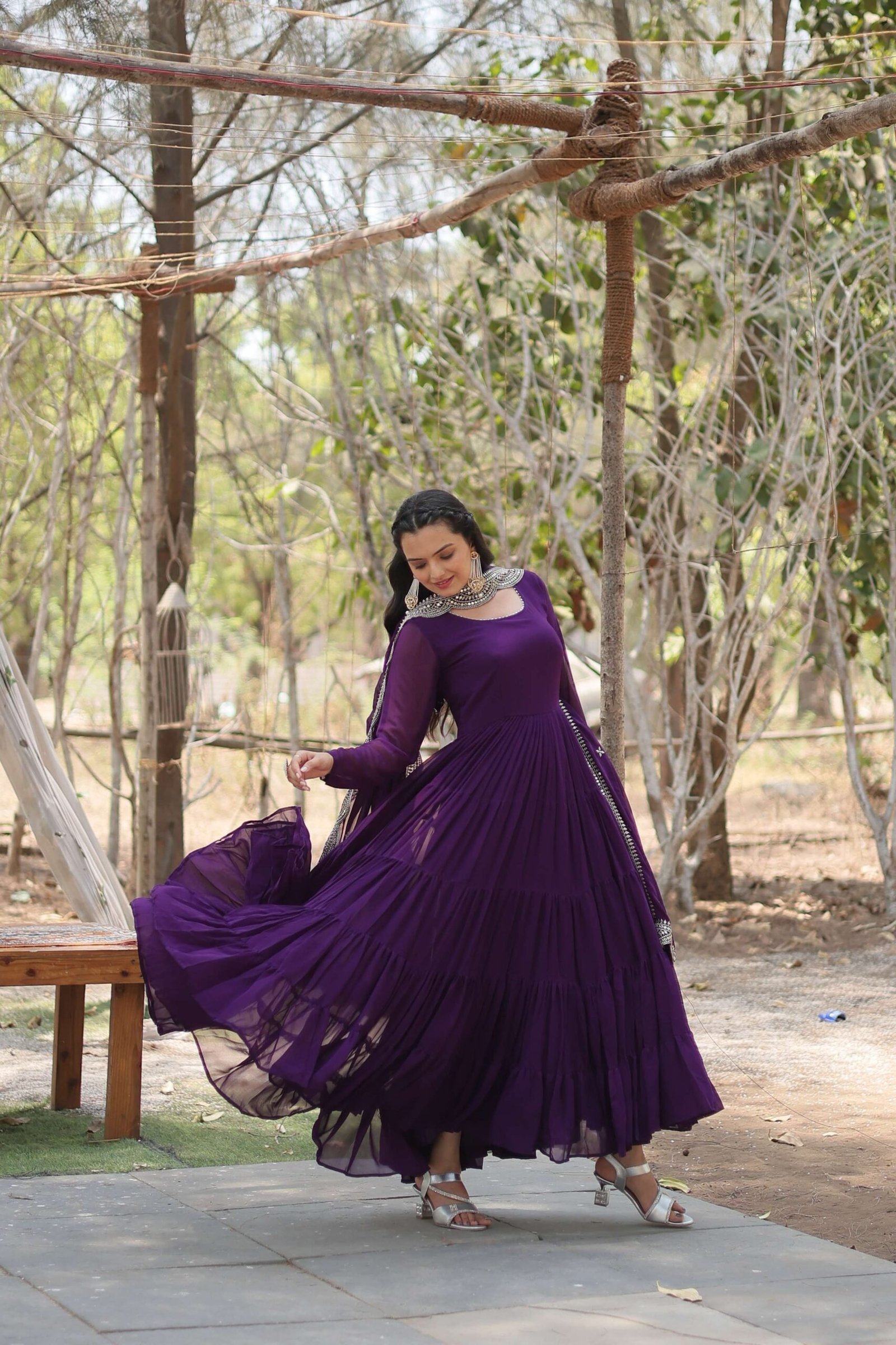 Purple Premium Faux Georgette Designer Gown with Sequined Dupatta ? Fully Flaired Ready-to-Wear Set
