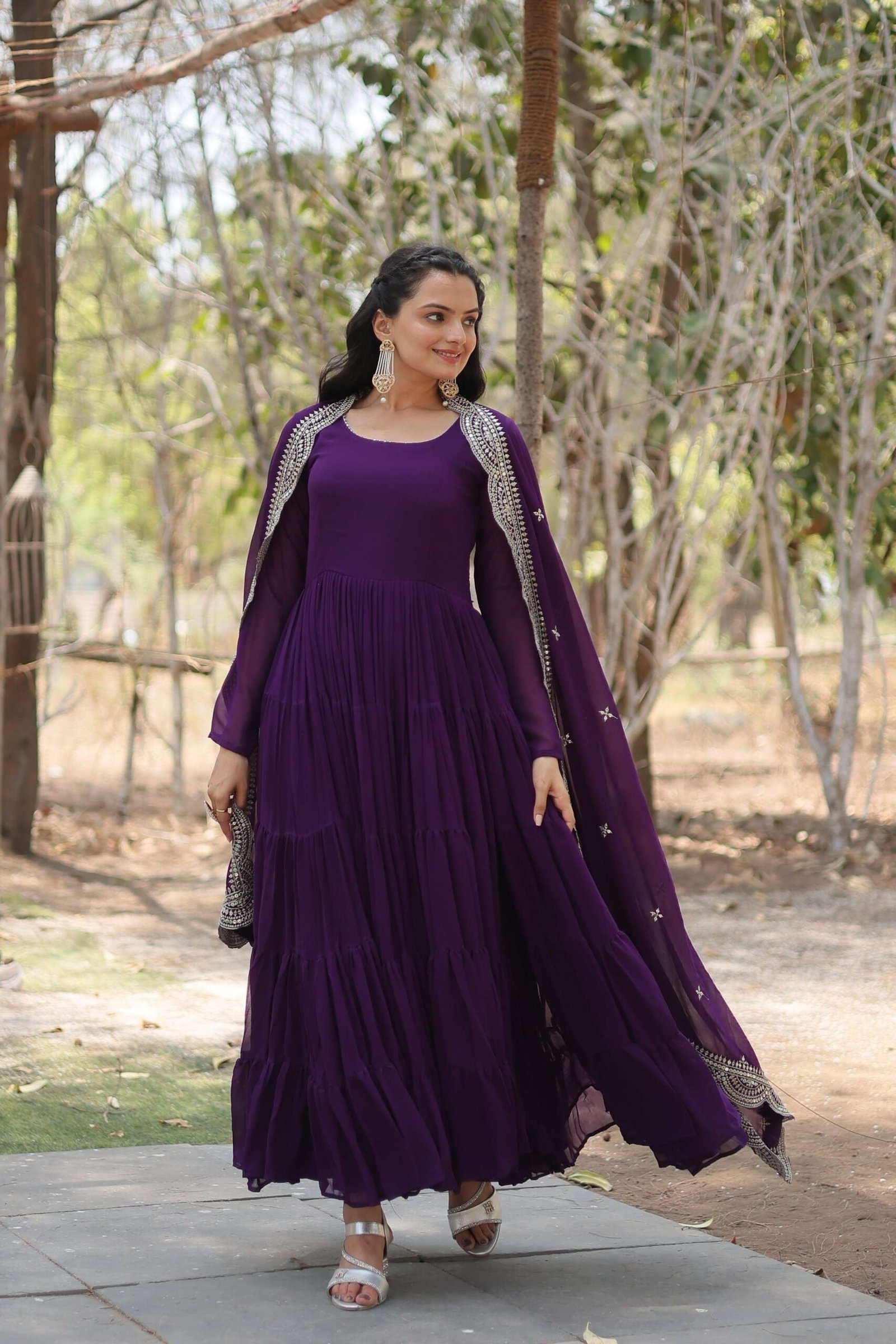 Purple Premium Faux Georgette Designer Gown with Sequined Dupatta ? Fully Flaired Ready-to-Wear Set