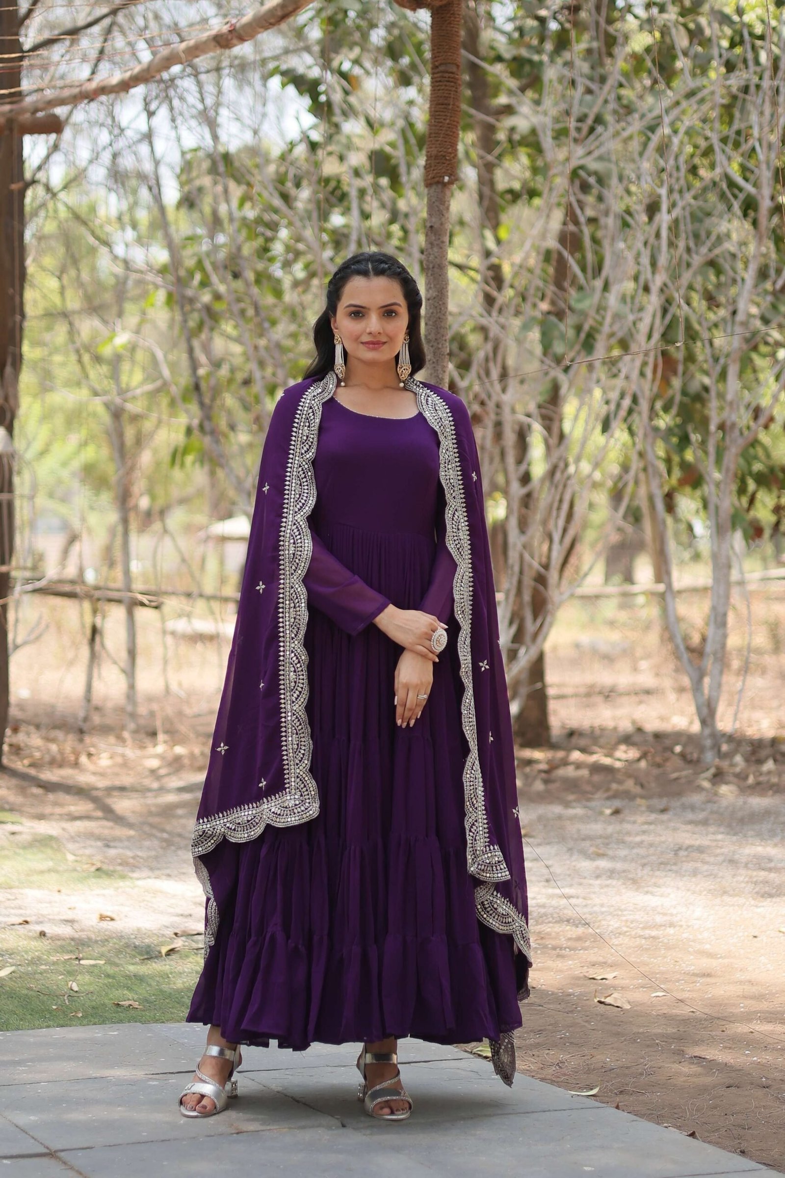Purple Premium Faux Georgette Designer Gown with Sequined Dupatta ? Fully Flaired Ready-to-Wear Set