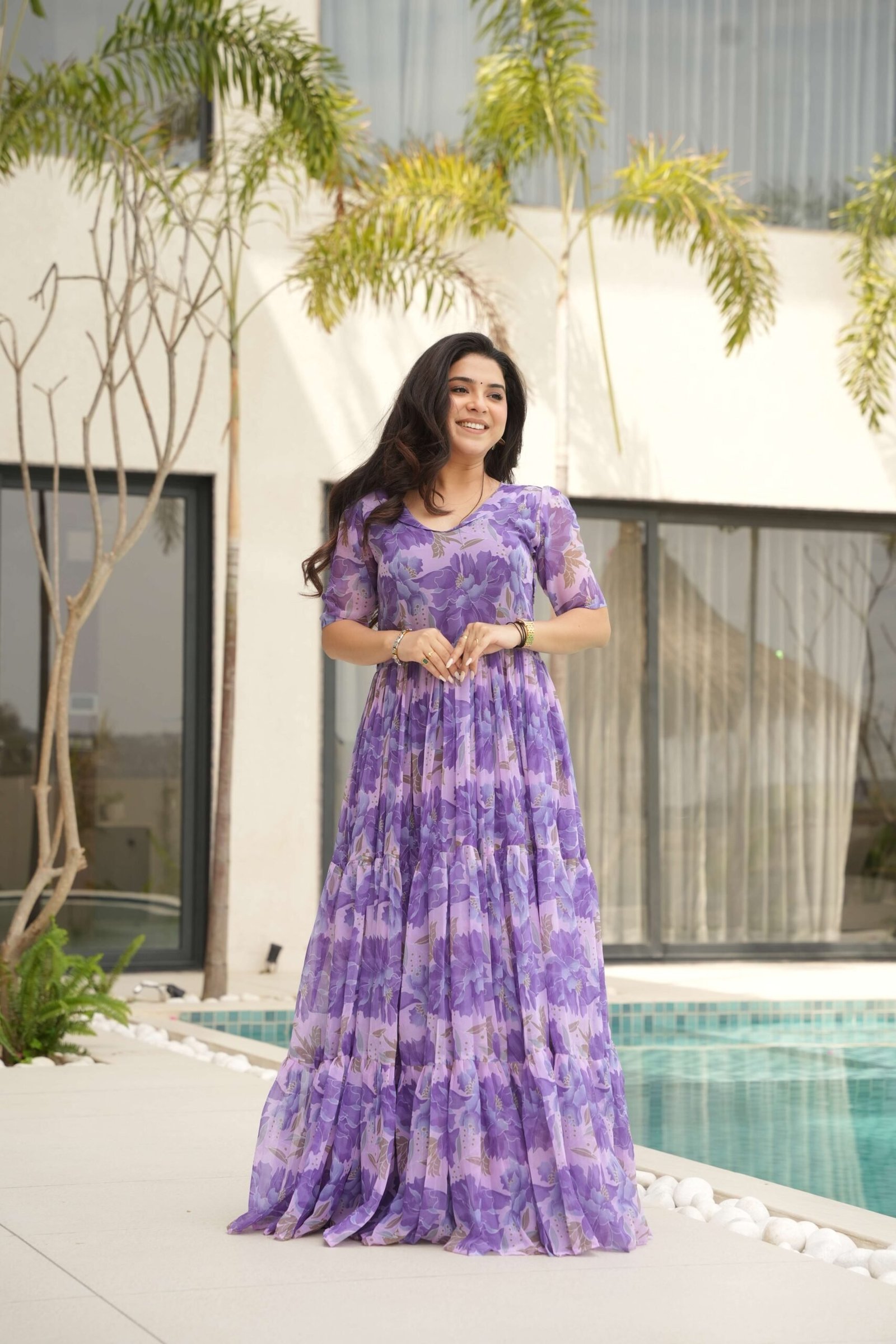 Purple Premium Faux Georgette Printed Gown ? Fully Flared & Elegant