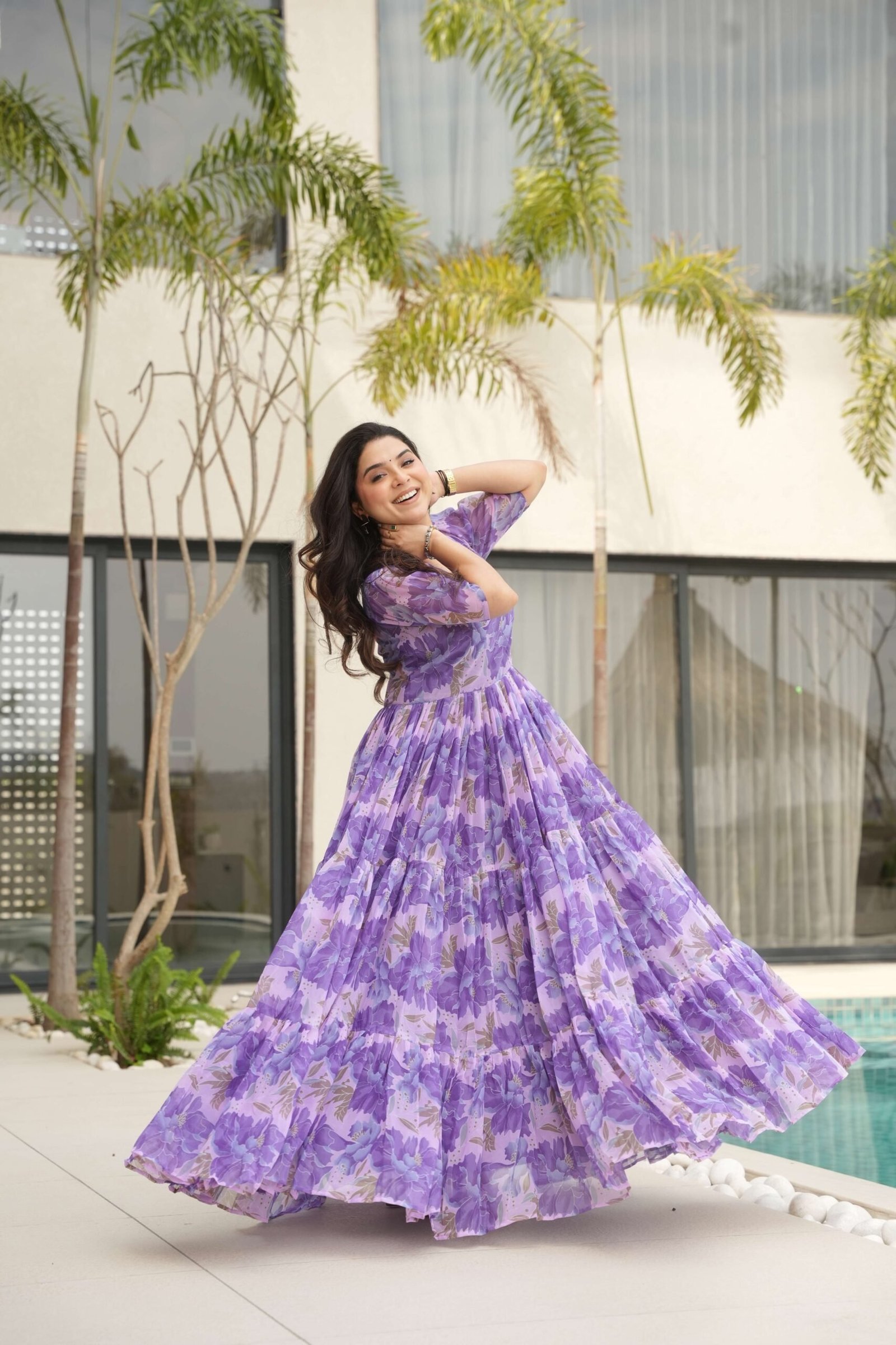 Purple Premium Faux Georgette Printed Gown ? Fully Flared & Elegant