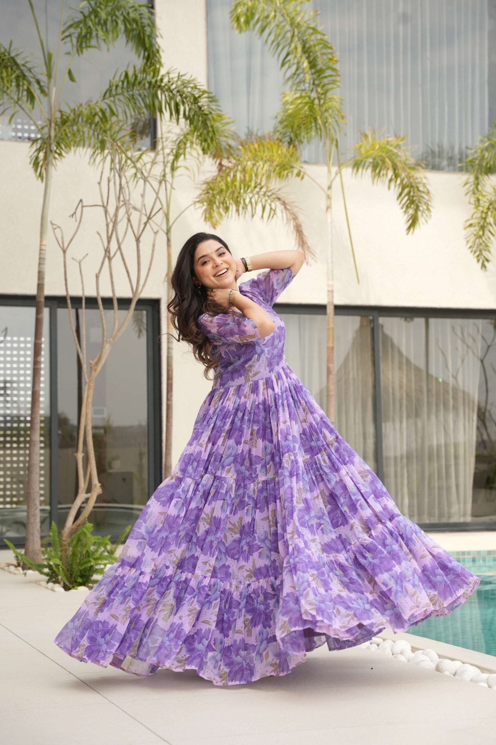 Purple Premium Faux Georgette Printed Gown ? Fully Flared & Elegant
