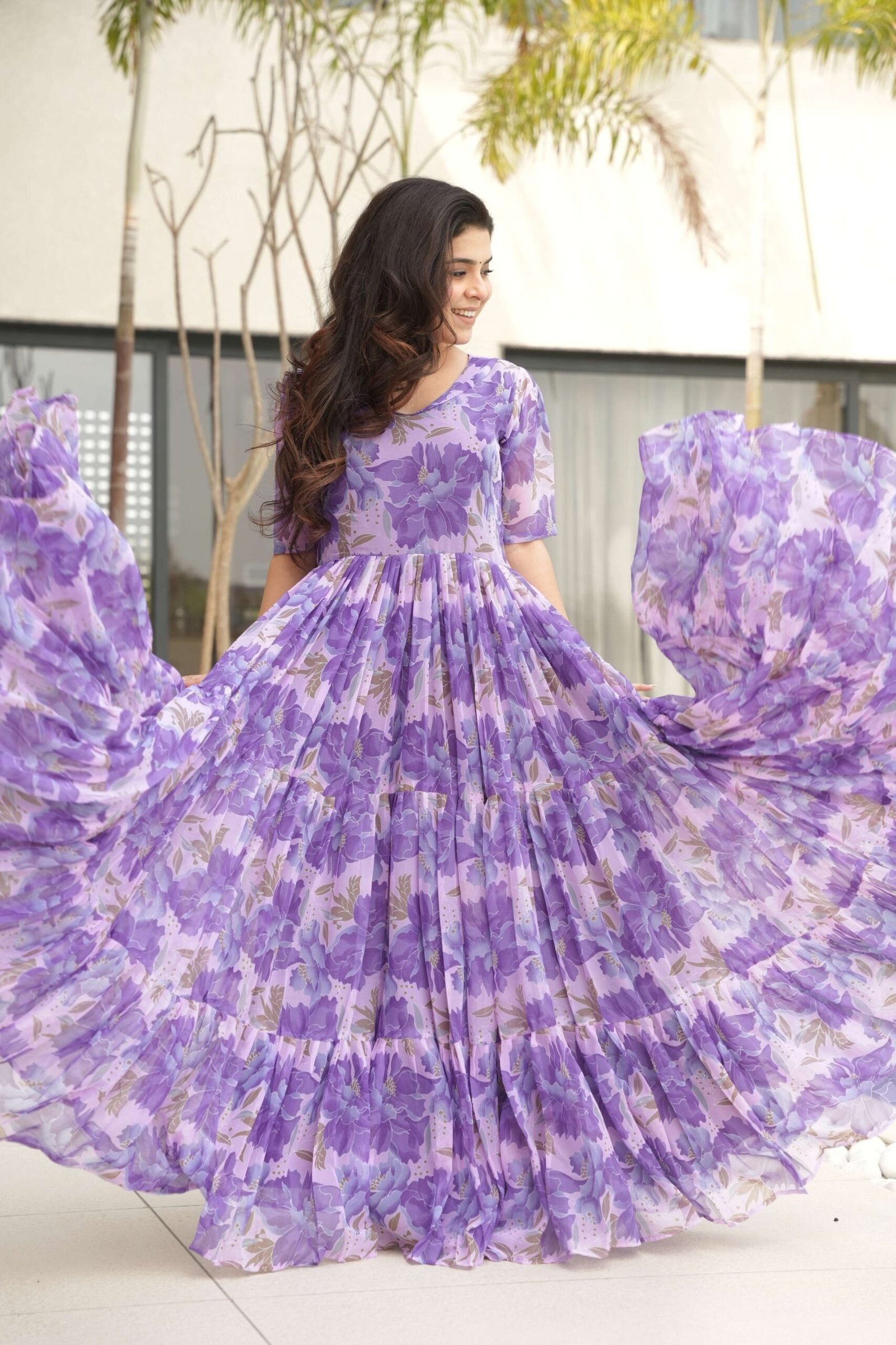 Purple Premium Faux Georgette Printed Gown ? Fully Flared & Elegant