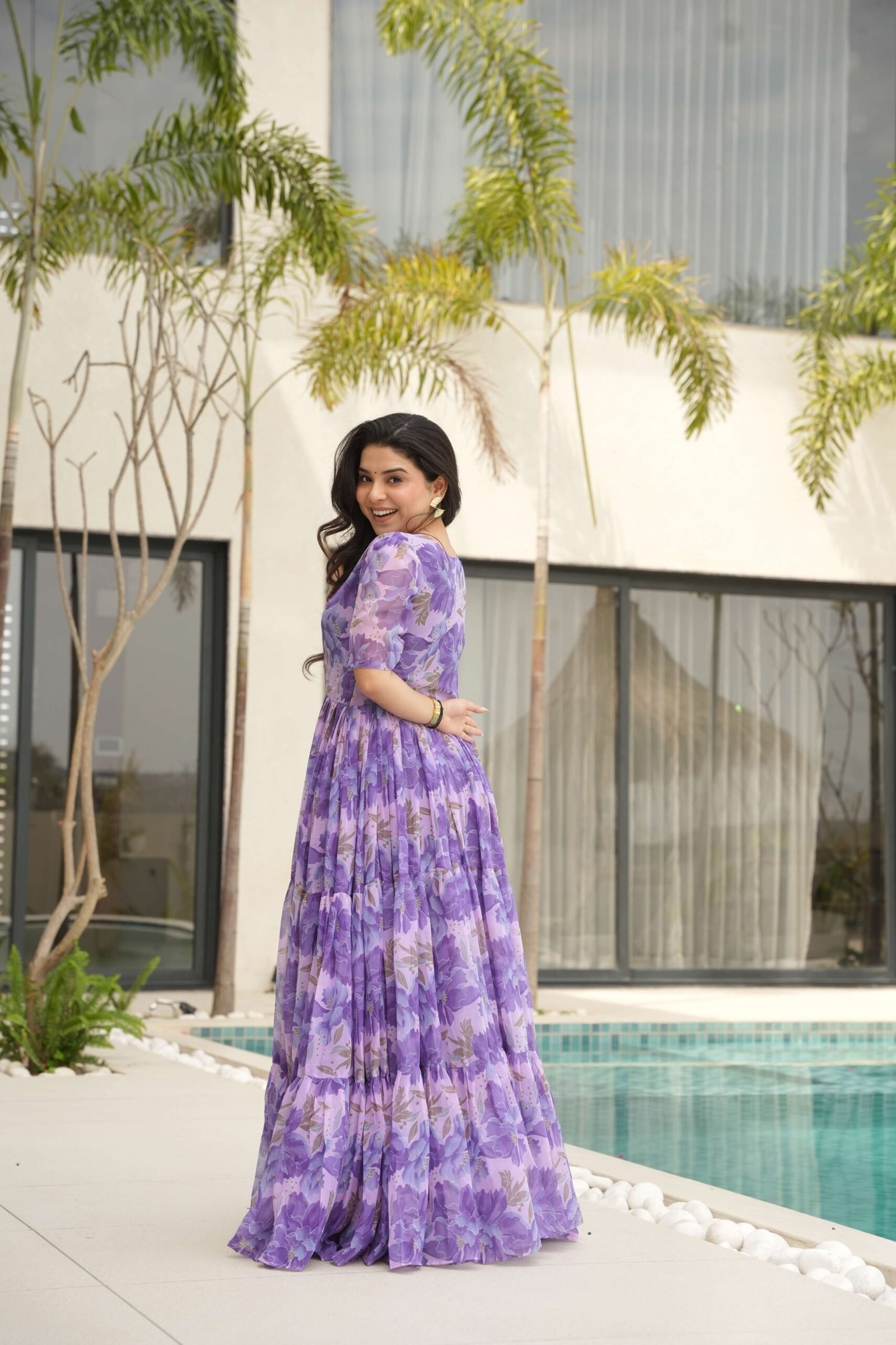 Purple Premium Faux Georgette Printed Gown ? Fully Flared & Elegant