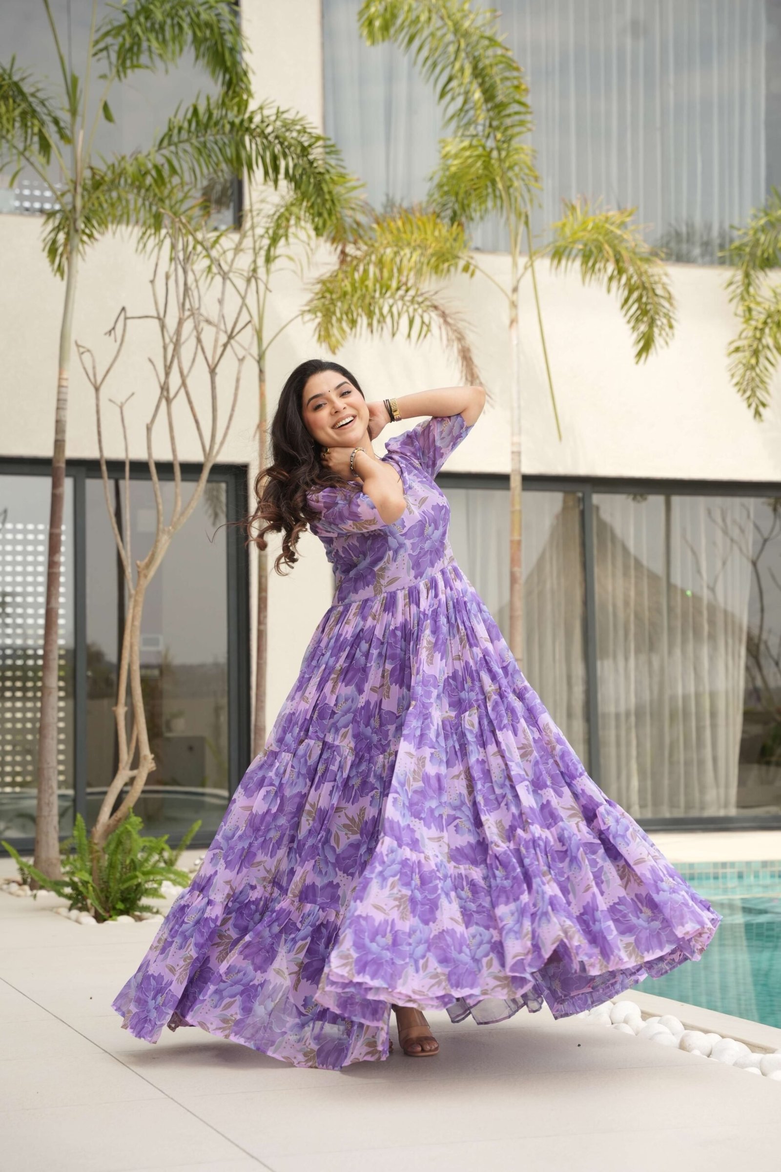 Purple Premium Faux Georgette Printed Gown ? Fully Flared & Elegant