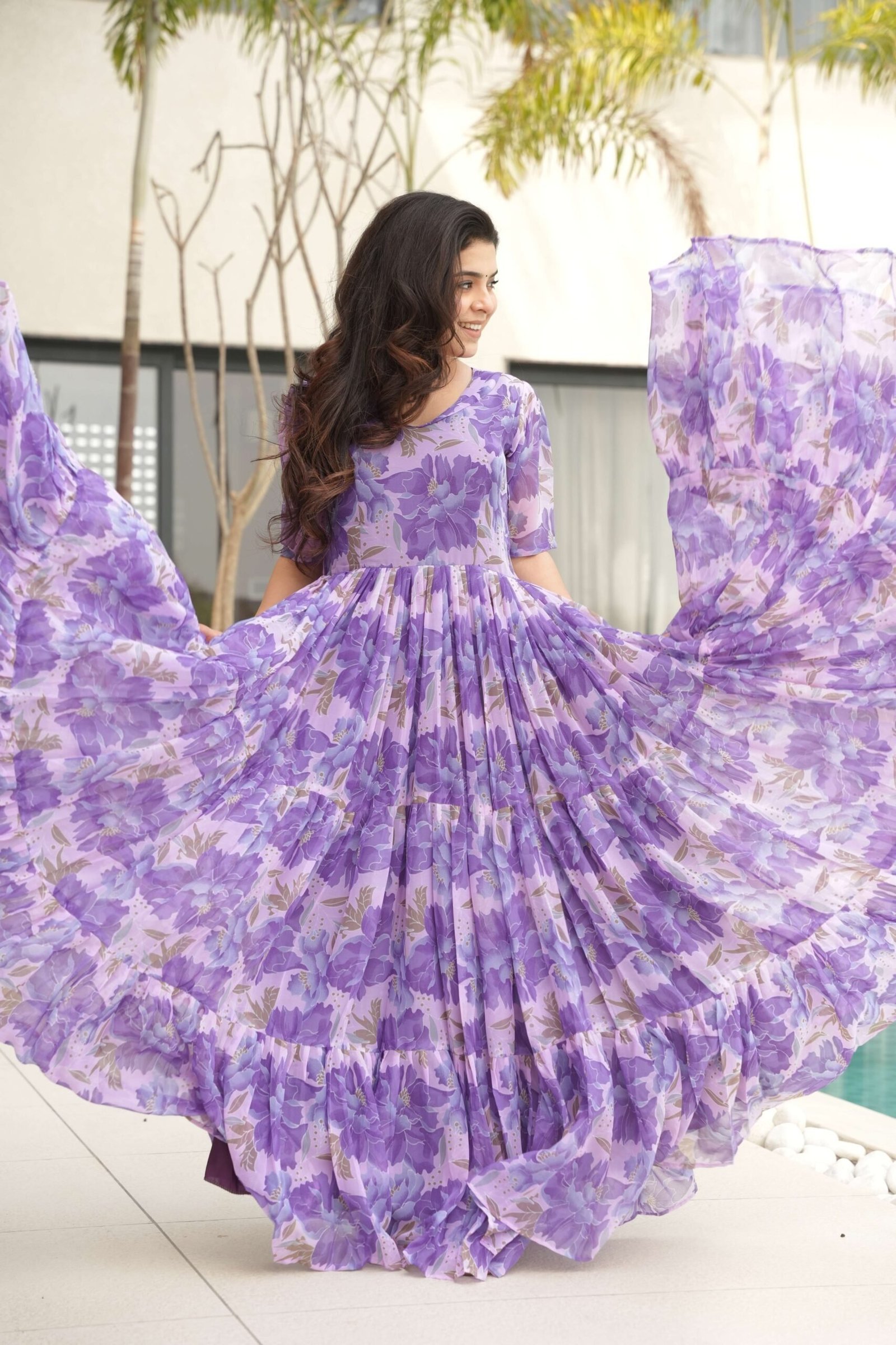 Purple Premium Faux Georgette Printed Gown ? Fully Flared & Elegant