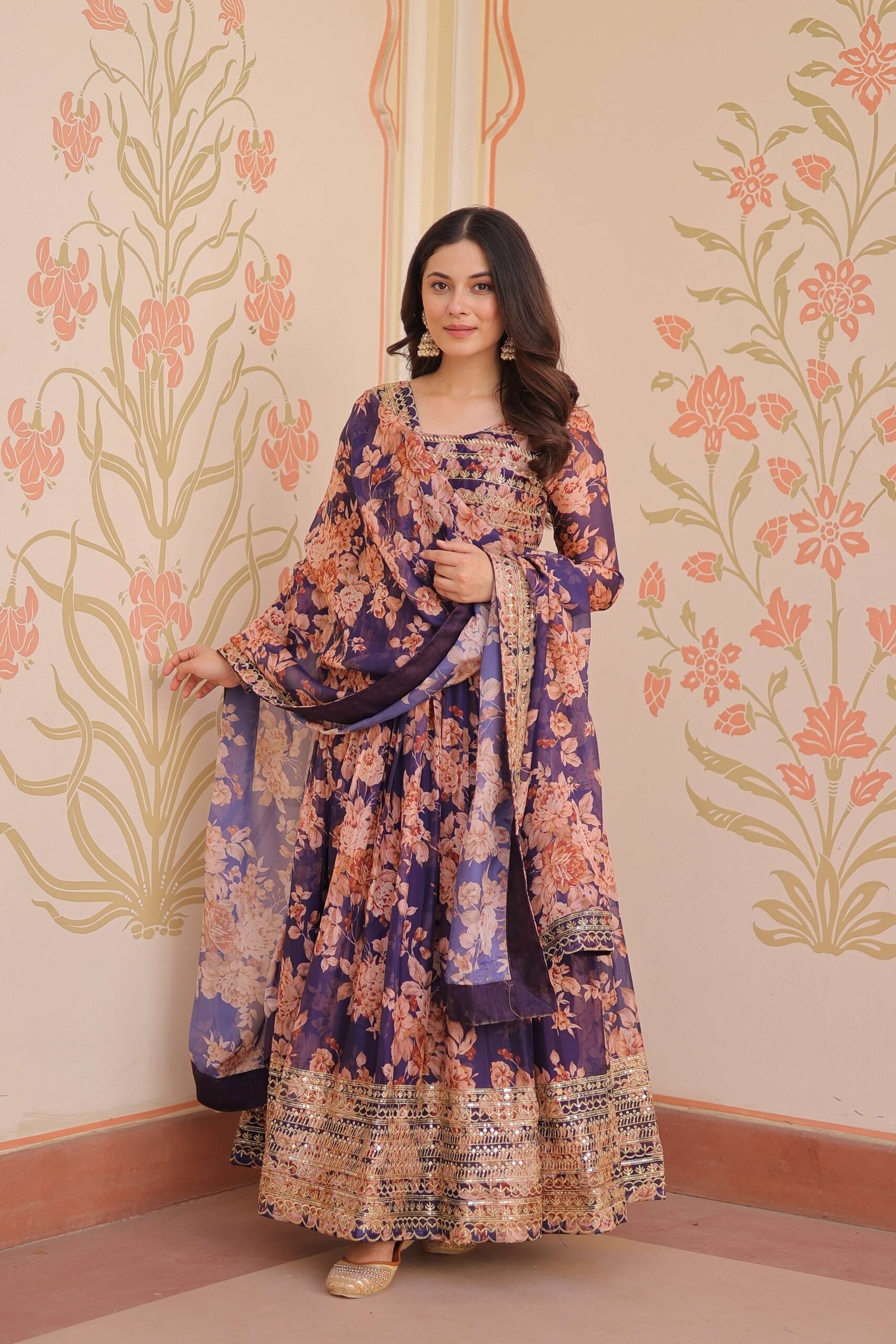 Purple Premium Russian Silk Designer Gown with Sequins Embroidered Dupatta ? Partywear