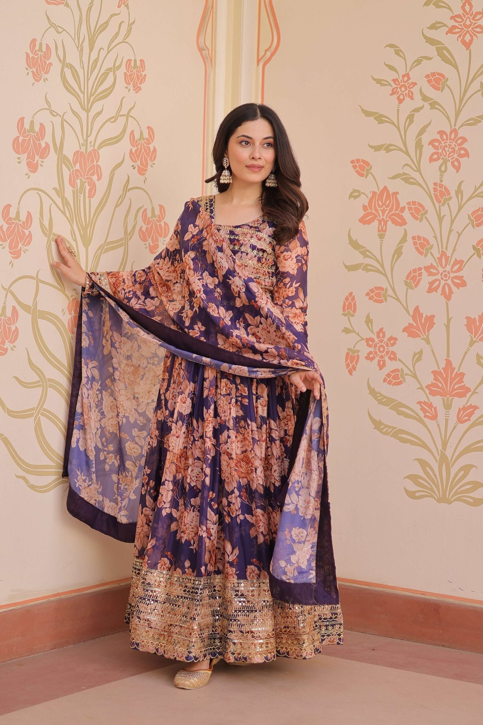 Purple Premium Russian Silk Designer Gown with Sequins Embroidered Dupatta ? Partywear