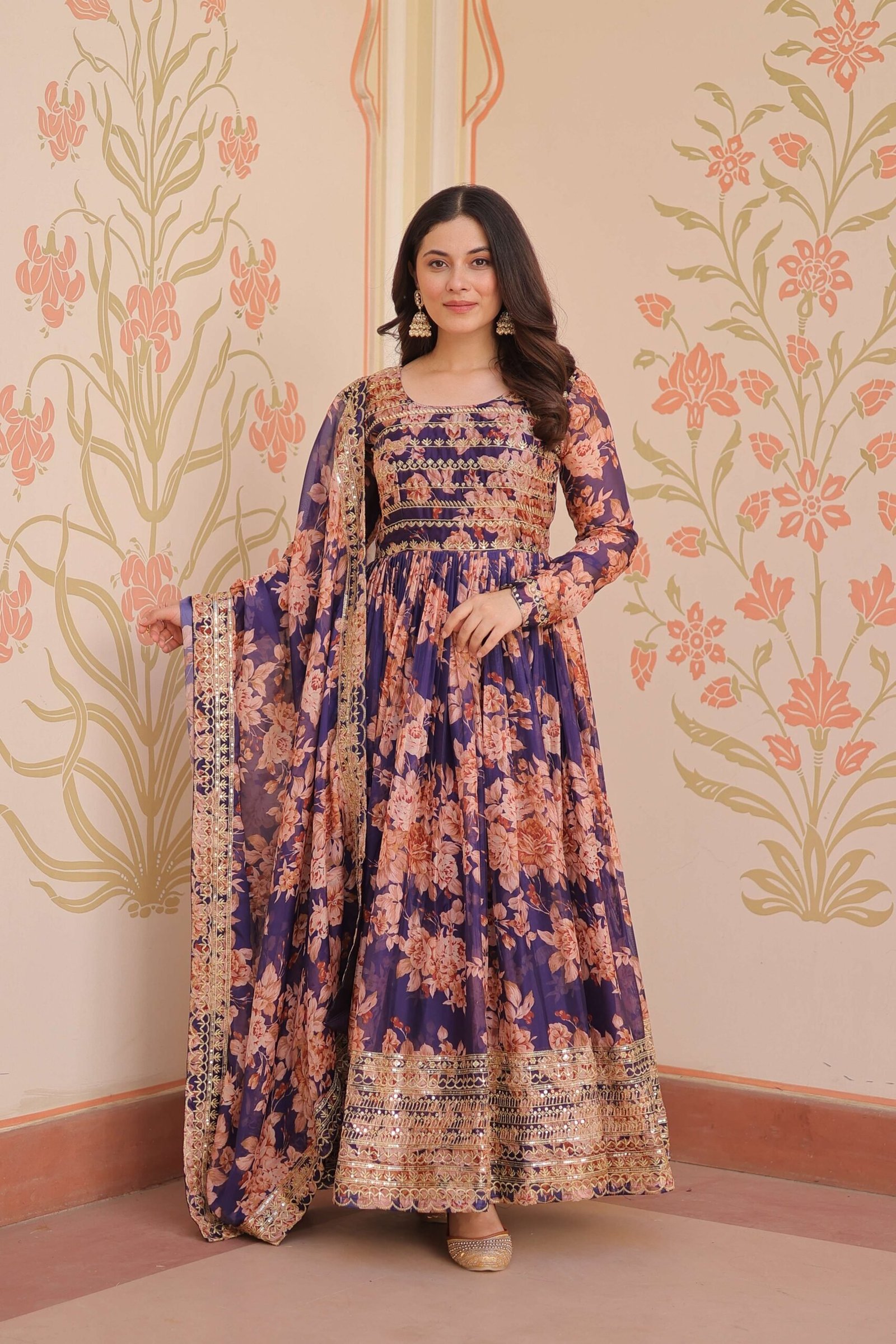 Purple Premium Russian Silk Designer Gown with Sequins Embroidered Dupatta ? Partywear