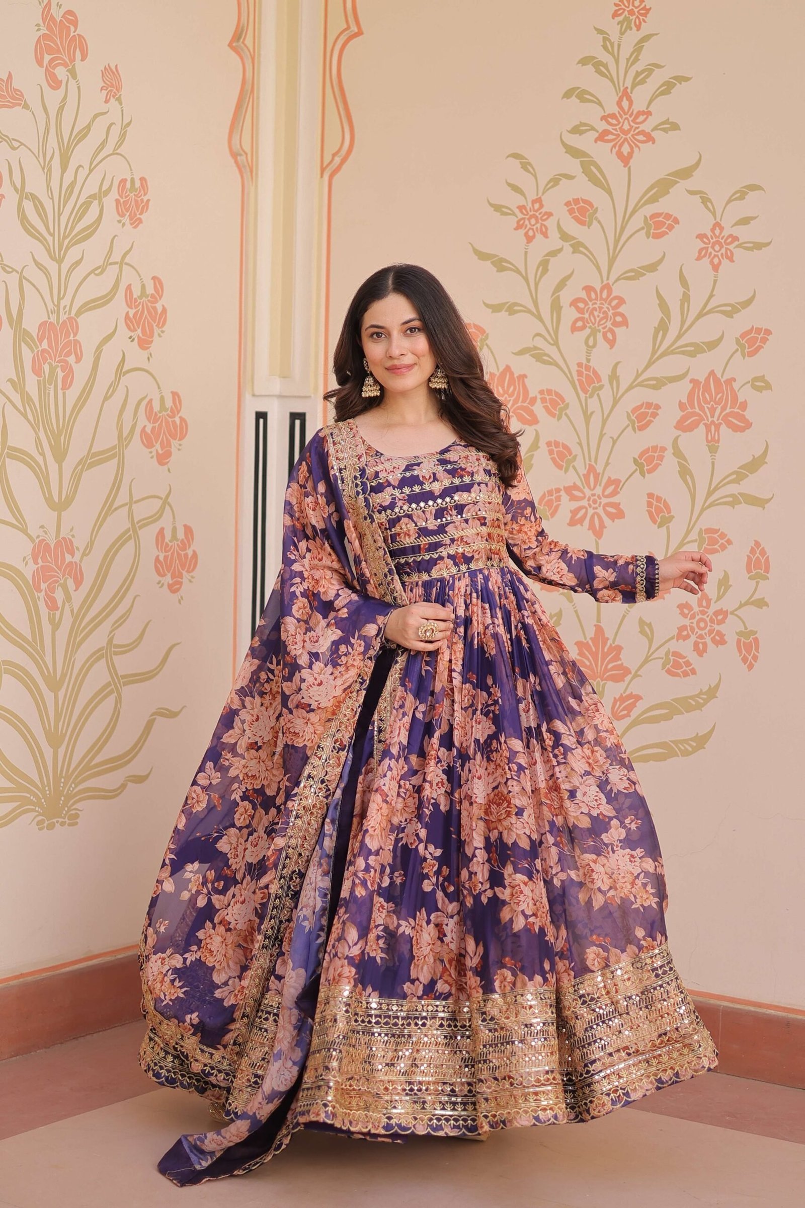 Purple Premium Russian Silk Designer Gown with Sequins Embroidered Dupatta ? Partywear