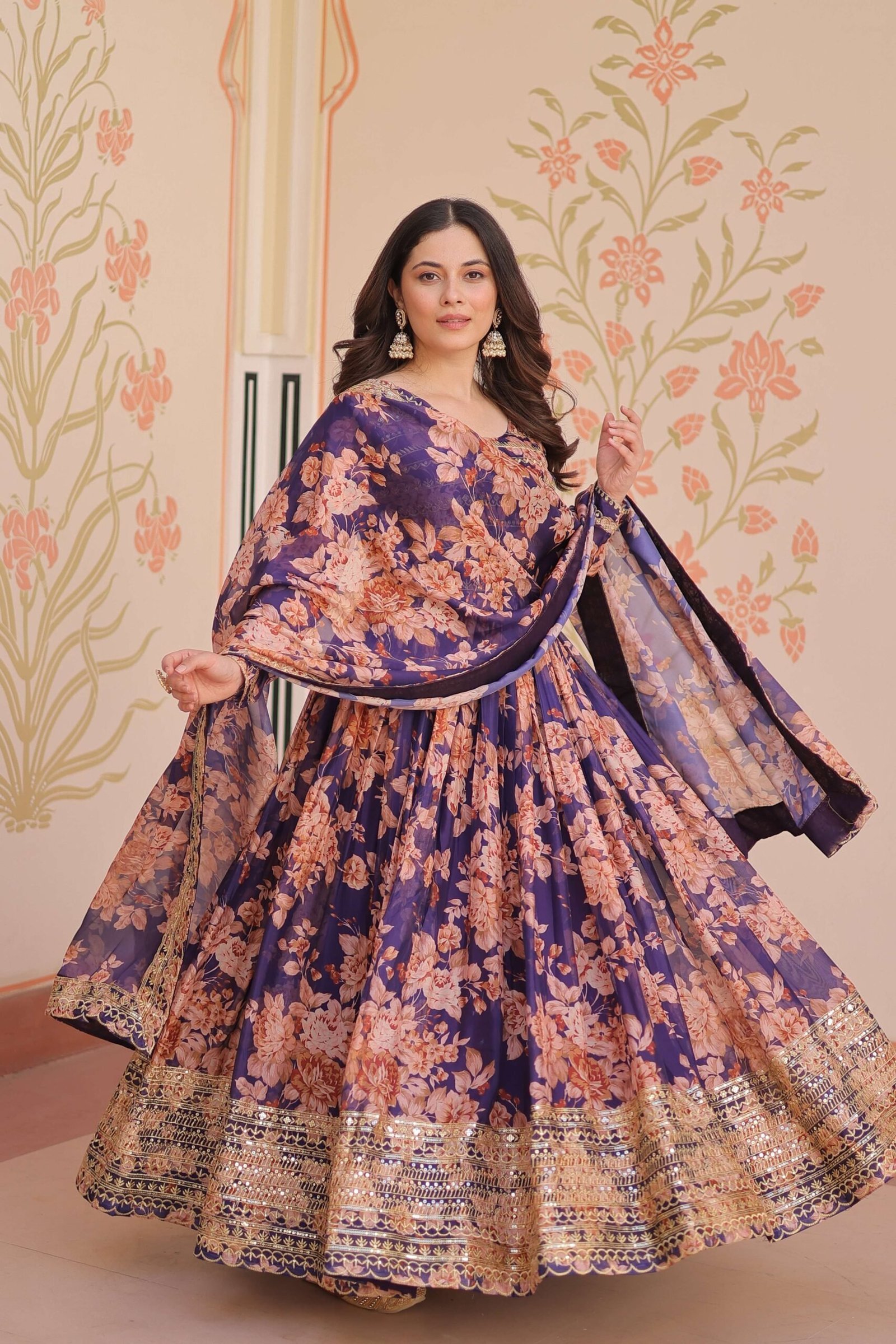 Purple Premium Russian Silk Designer Gown with Sequins Embroidered Dupatta ? Partywear