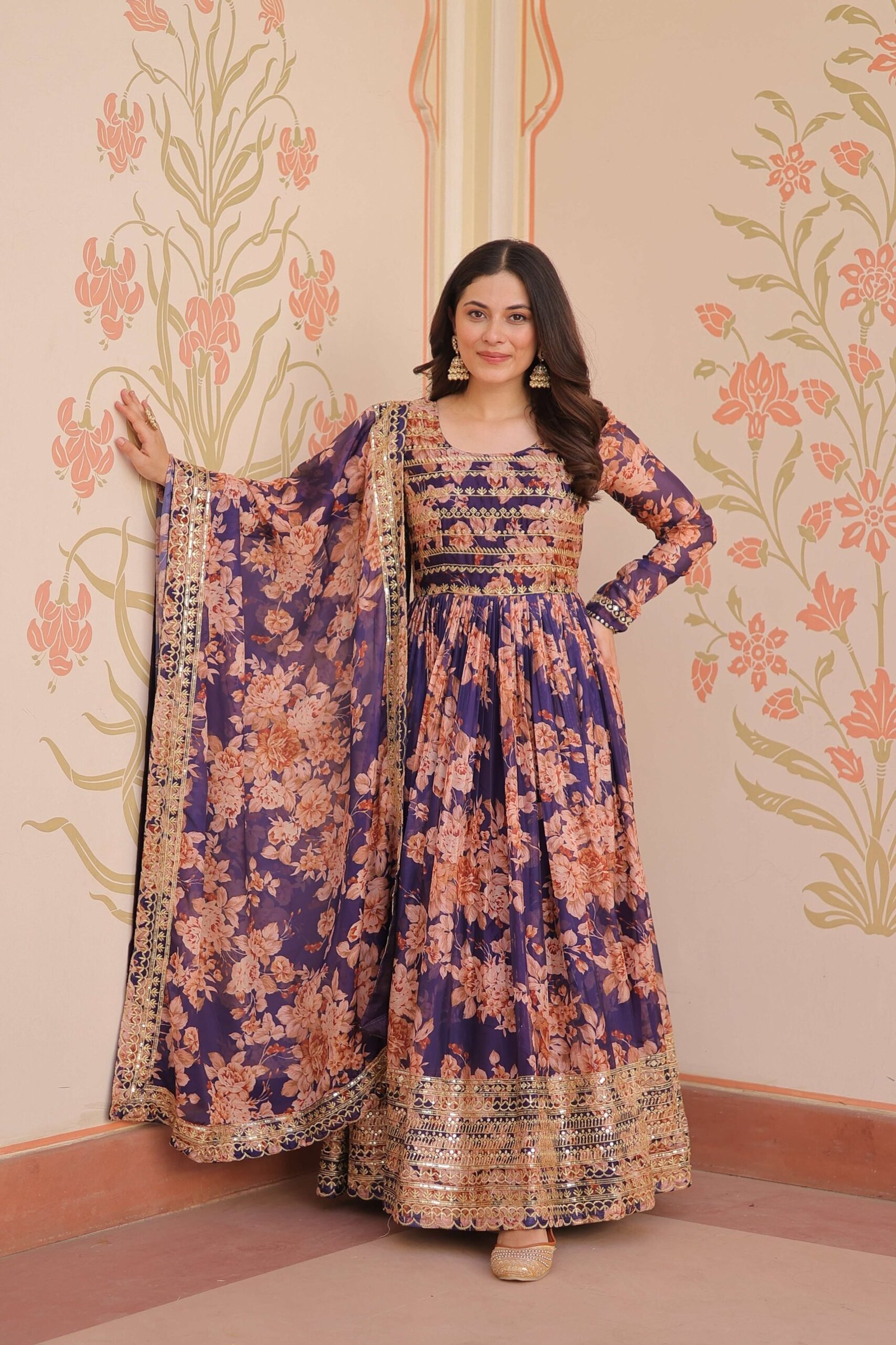 Purple Premium Russian Silk Designer Gown with Sequins Embroidered Dupatta ? Partywear