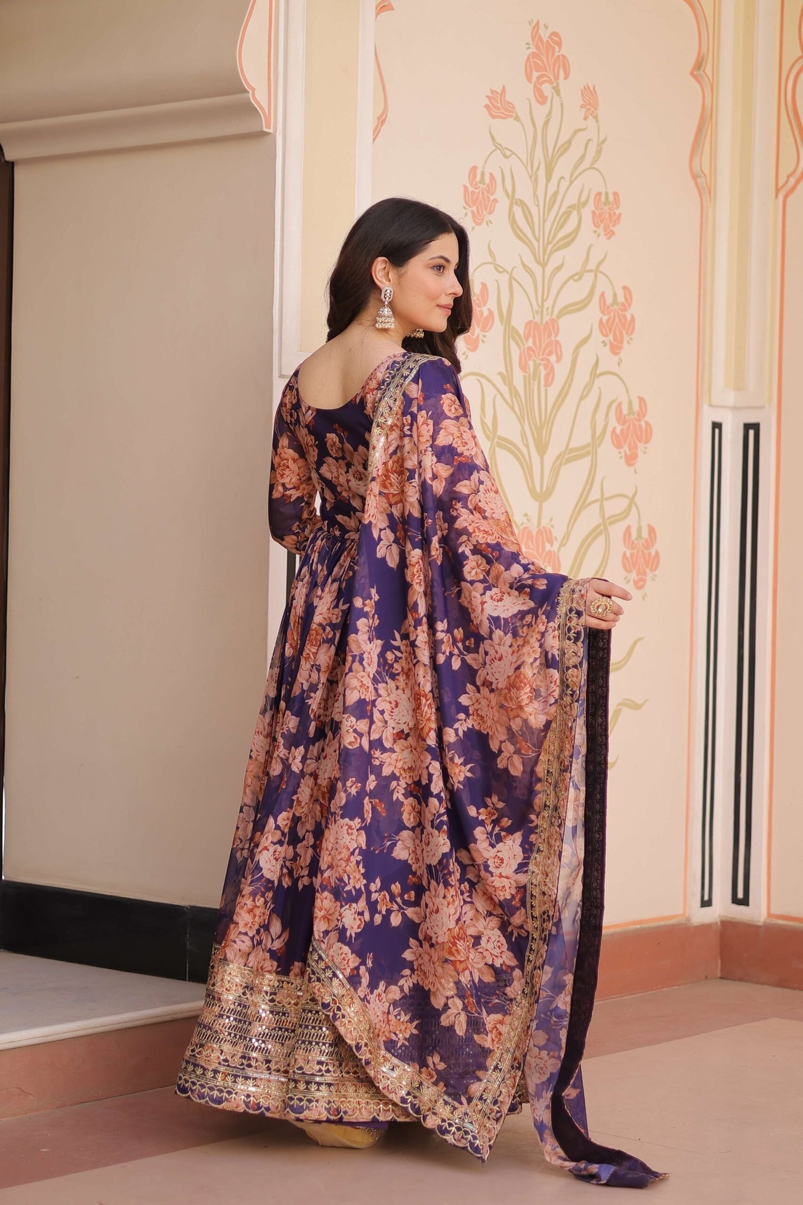 Purple Premium Russian Silk Designer Gown with Sequins Embroidered Dupatta ? Partywear