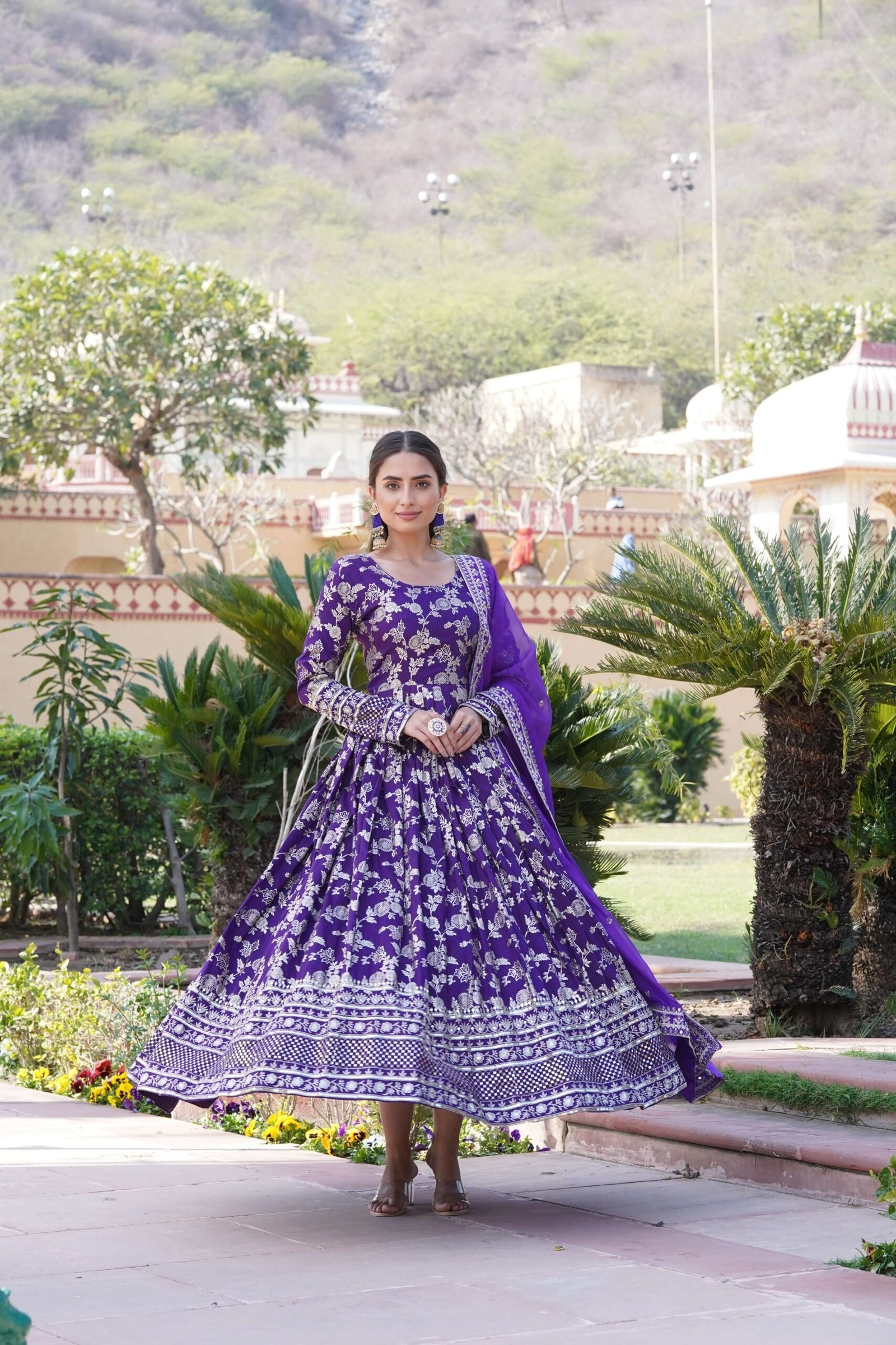 Purple Viscose Dyable Jacquard Gown with Russian Silk Sequined Dupatta ? Elegant Party & Wedding Set