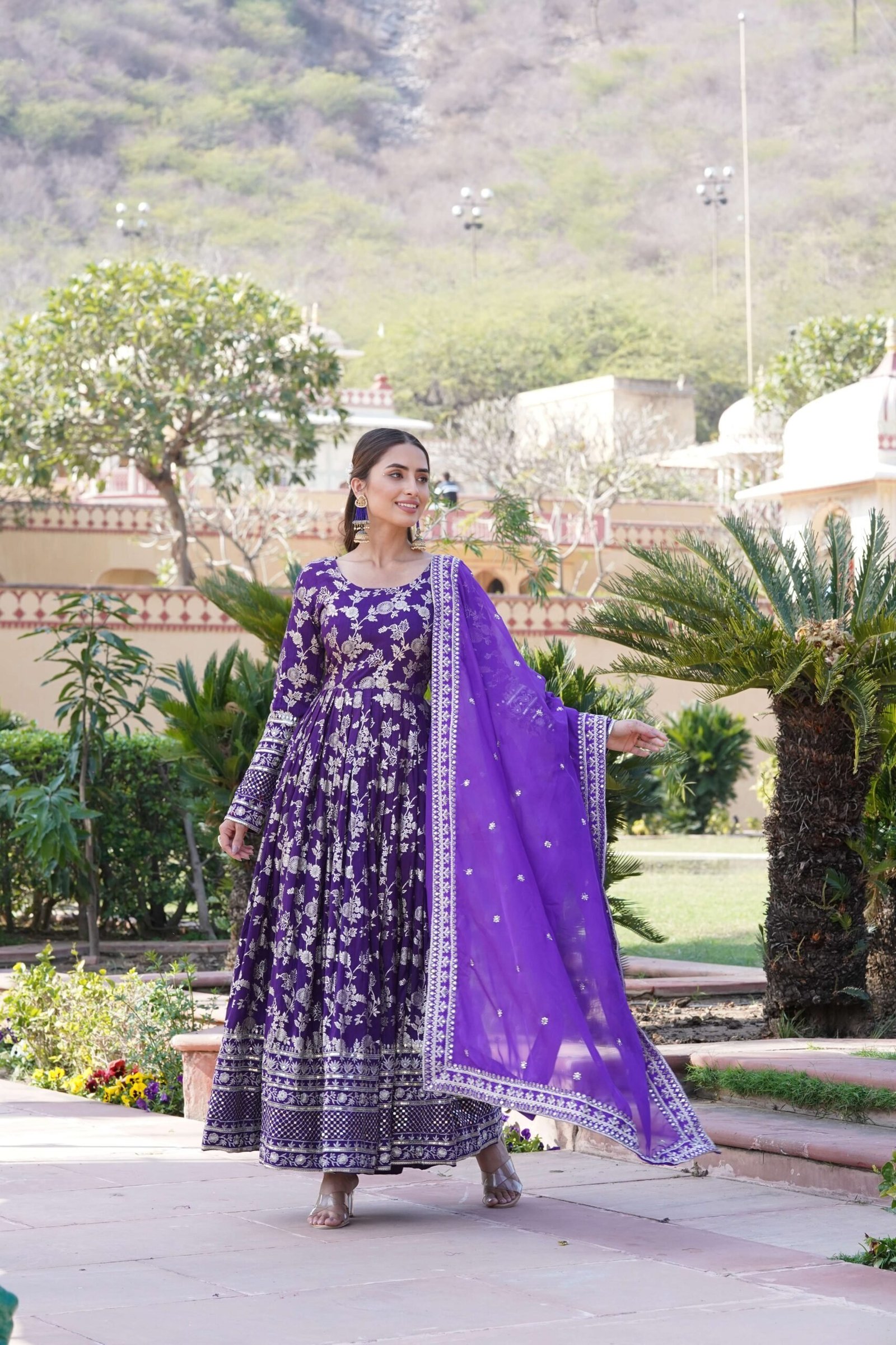 Purple Viscose Dyable Jacquard Gown with Russian Silk Sequined Dupatta ? Elegant Party & Wedding Set