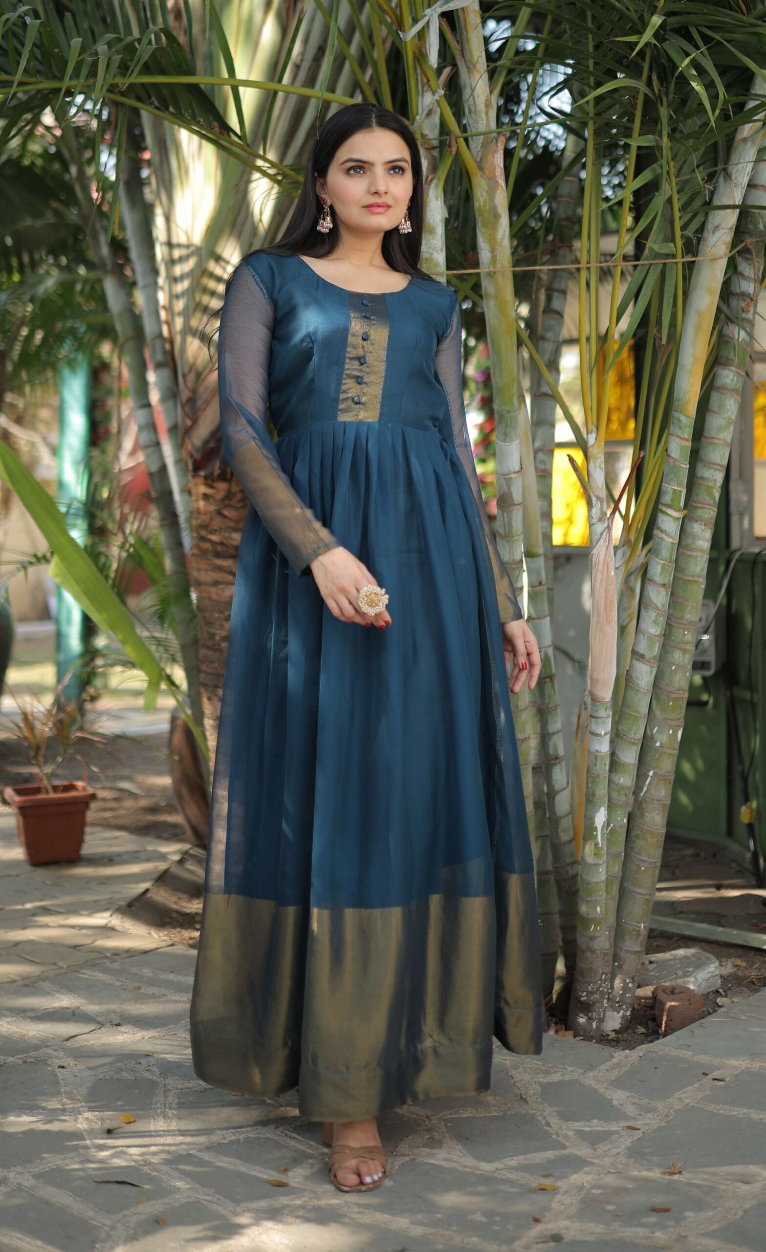 Rama Elegant Chiffon Designer Gown with Golden Zari Patta ? Premium Ready-to-Wear Dress