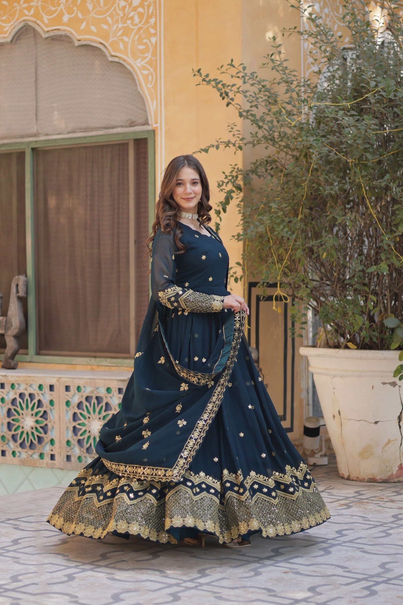 Rama Faux Blooming Georgette Designer Gown with Zari & Sequins Embroidered Dupatta
