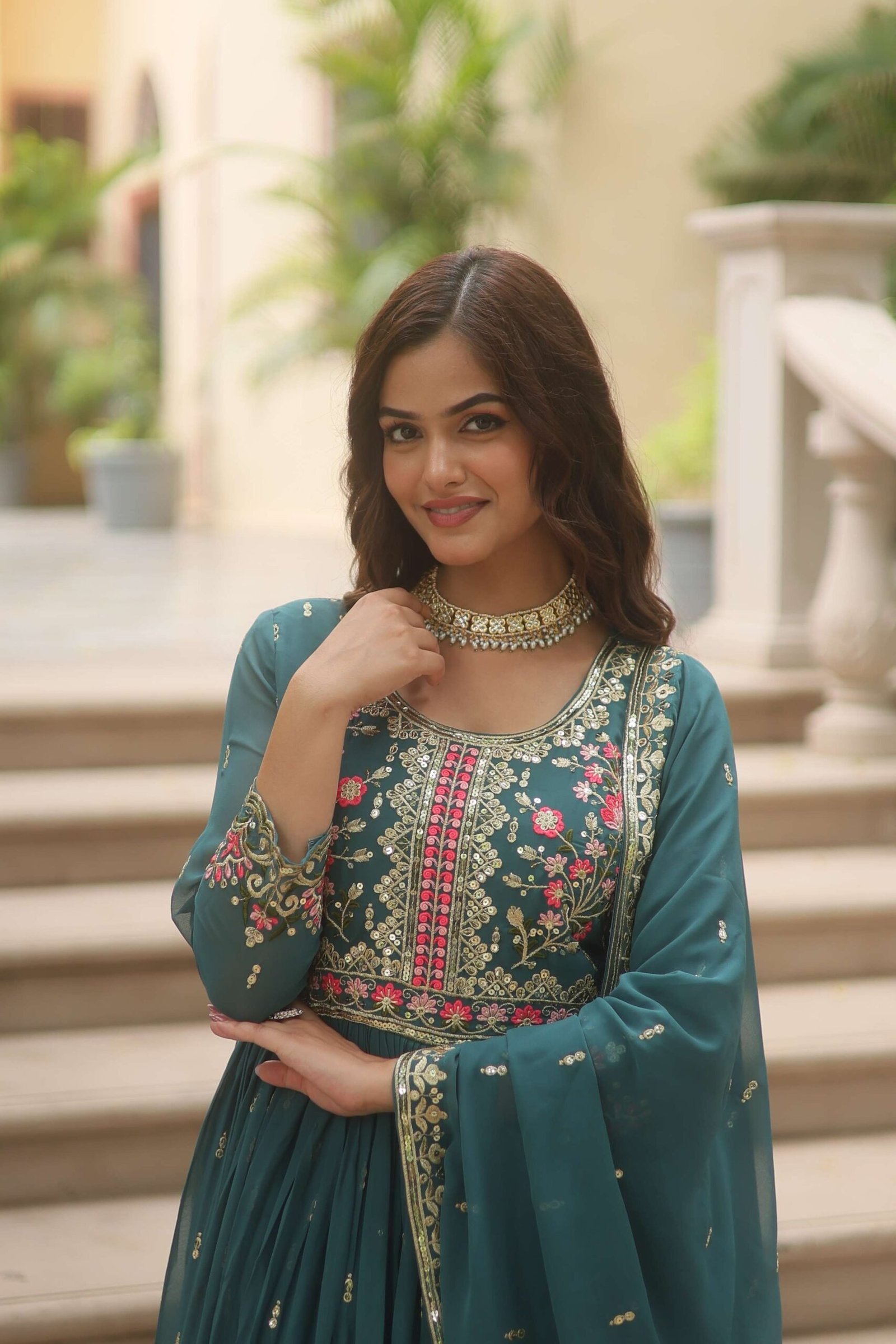 Rama Faux Georgette Sequins Embroidered Kurti with Sharara & Dupatta Set